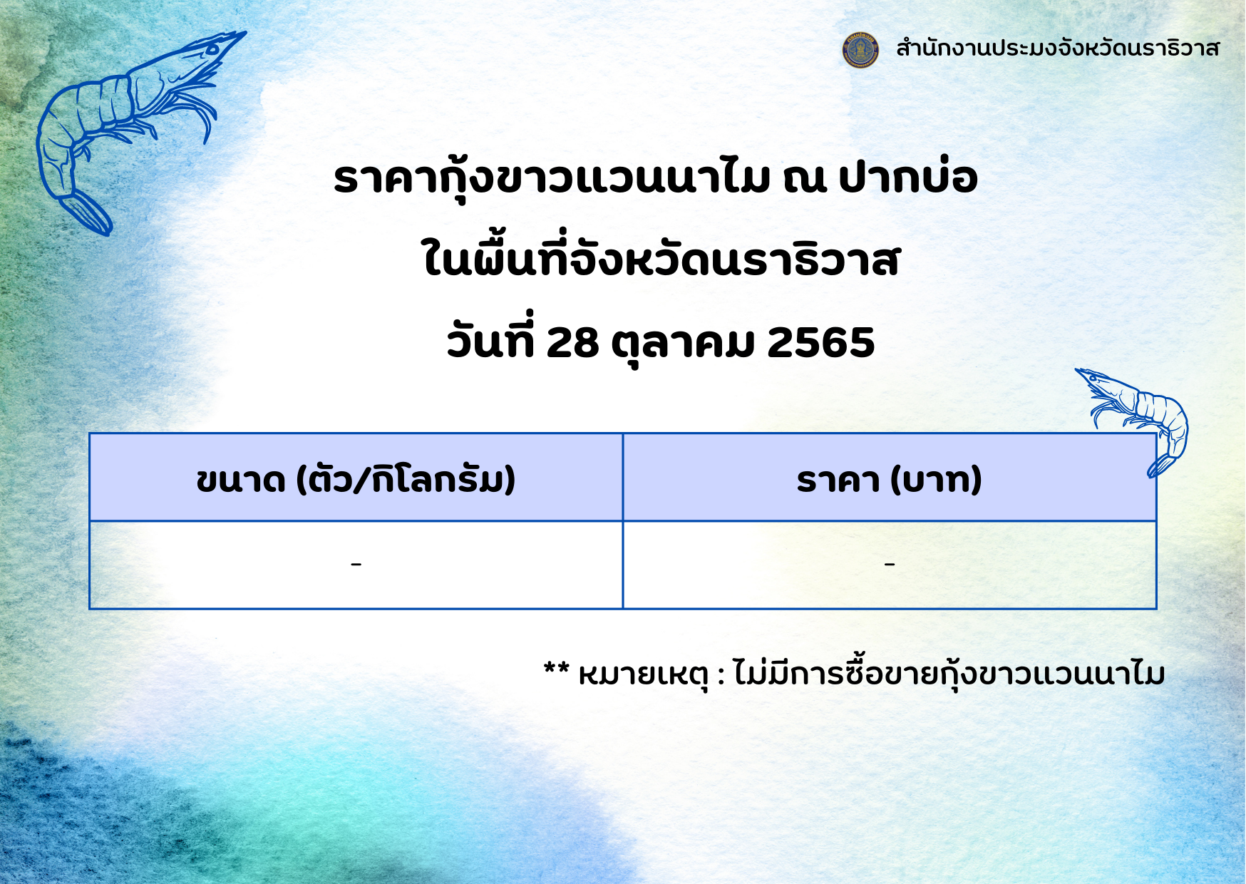 ราคากุ้งขาวแวนนาไม ณ ปากบ่อ พื้นที่จังหวัดนราธิวาส วันที่ 28 ตุลาคม 2565..คลิก