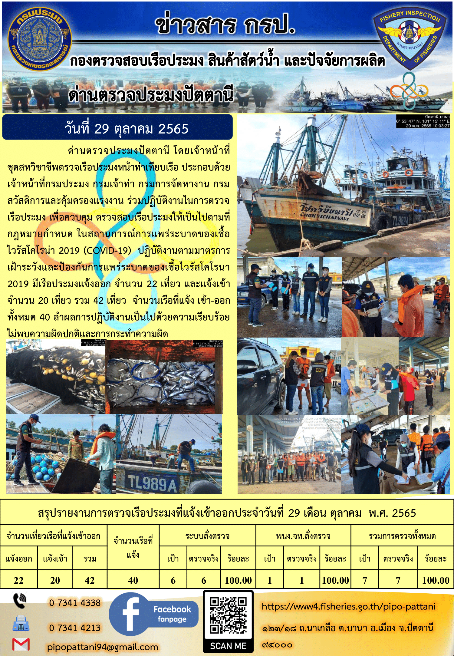 ข่าวสารการปฏิบัติงาน ด่านตรวจประมงปัตตานี 29 ต.ค. 65