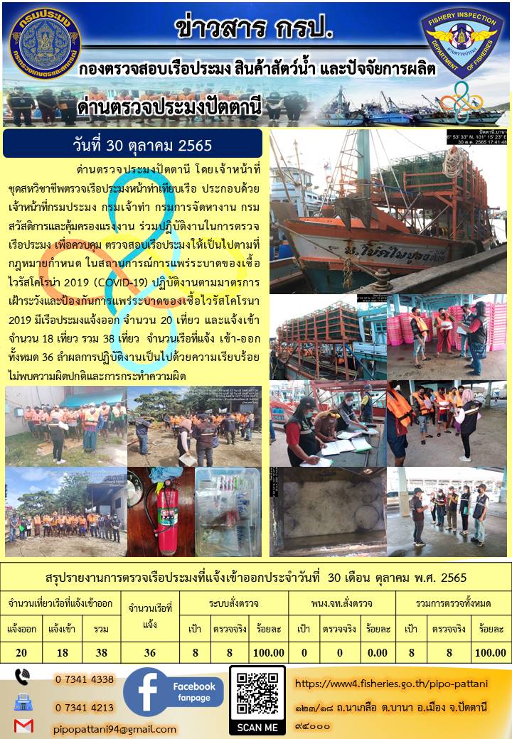 ข่าวสารการปฏิบัติงาน ด่านตรวจประมงปัตตานี 30 ต.ค. 65