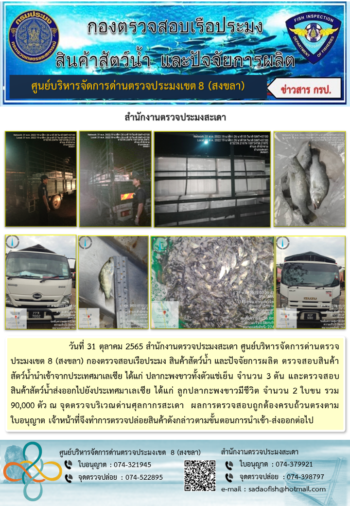 ประชาสัมพันธ์การปฏิบัติงาน วันที่ 31 ตุลาคม 2565 สำนักงานตรวจประมงสะเดา..คลิก