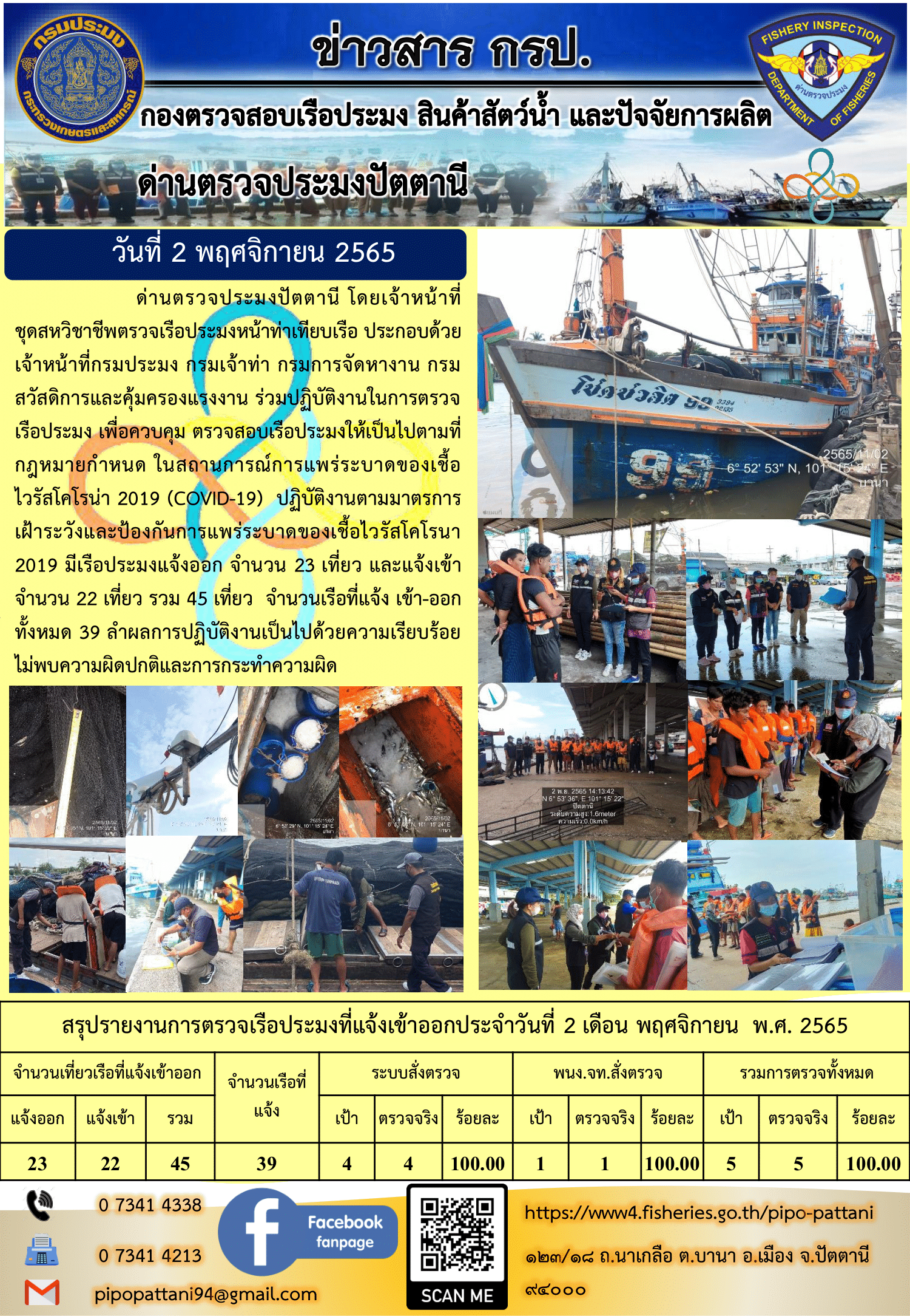 ข่าวสารการปฏิบัติงาน ด่านตรวจประมงปัตตานี 2 พ.ย. 65