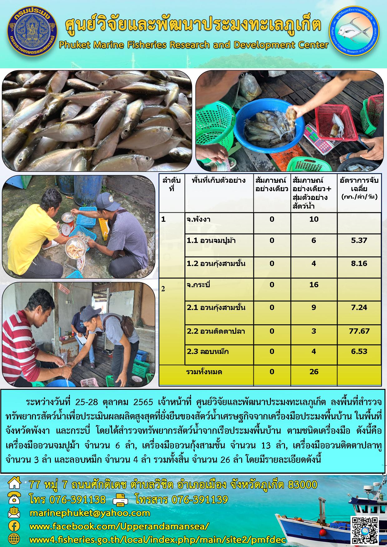 ระหว่างวันที่ 25 – 28 ตุลาคม 2565 เจ้าหน้าที่ ศูนย์วิจัยและพัฒนาประมงทะเลภูเก็ต ลงพื้นที่สำรวจทรัพยากรสัตว์น้ำเพื่อประเมินผลผลิตสูงสุดที่ยั่งยืนของสัตว์น้ำเศรษฐกิจจากเครื่องมือประมงพื้นบ้าน ในพื้นที่จังหวัดพังงา และกระบี่ โดยได้สำรวจทรัพยากรสัตว์น้ำจากเรือประมงพื้นบ้าน ตามชนิดเครื่องมือ ดังนี้คือ เครื่องมืออวนจมปูม้า จำนวน 6 ลำ, เครื่องมืออวนกุ้งสามชั้น จำนวน 13 ลำ, เครื่องมือติดอวนติดตาปลาทู จำนวน 3 ลำ และลอบหมึก จำนวน 4 ลำ รวมทั้งสิ้น จำนวน 26 ลำ โดยมีรายละเอียดดังนี้..คลิก