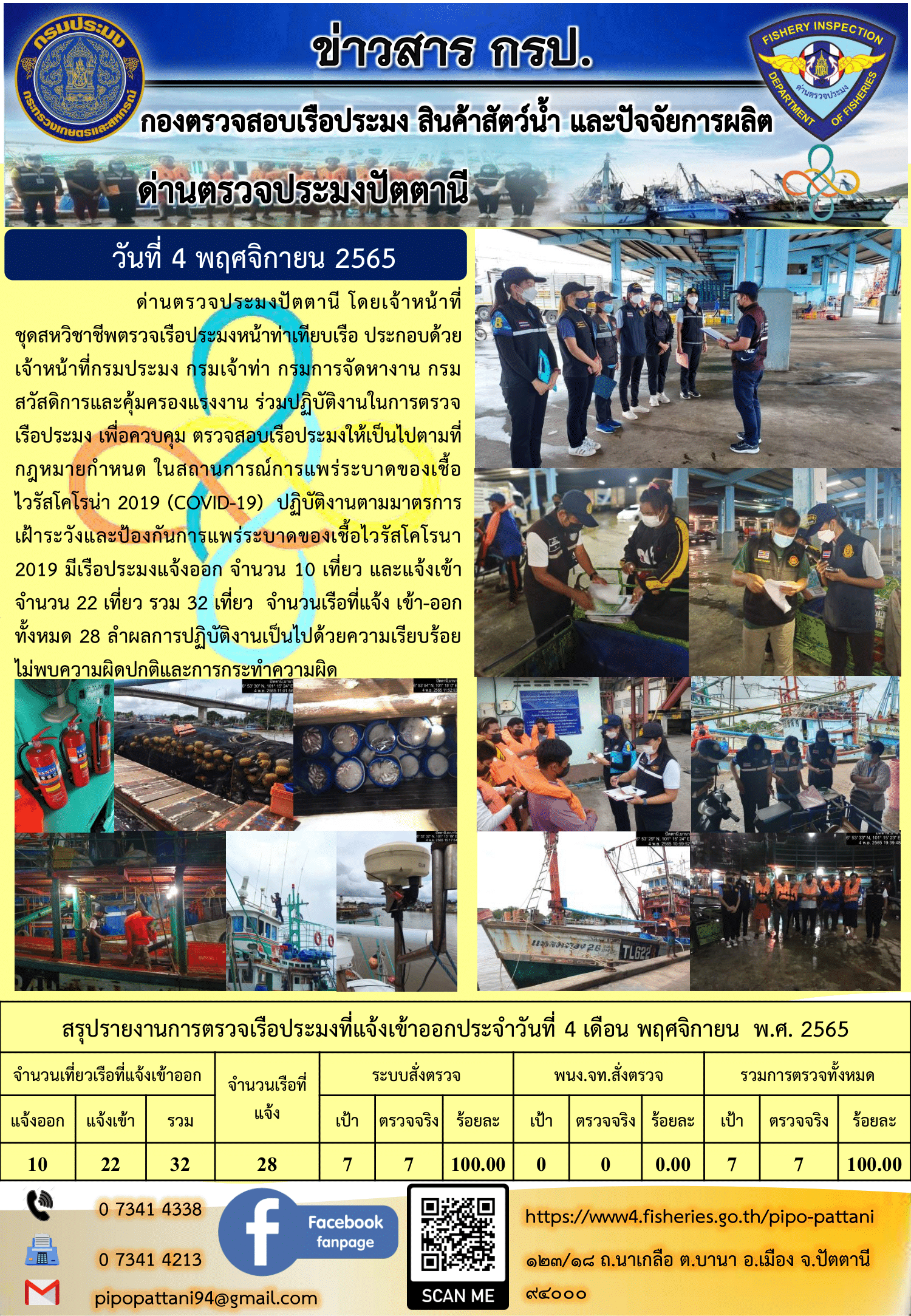 ข่าวสารการปฏิบัติงาน ด่านตรวจประมงปัตตานี 4 พ.ย. 65..คลิก