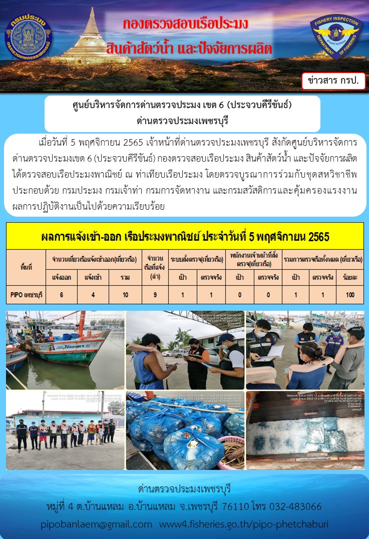 ตรวจสอบเรือประมงพาณิชย์ ณ ท่าเทียบเรือ