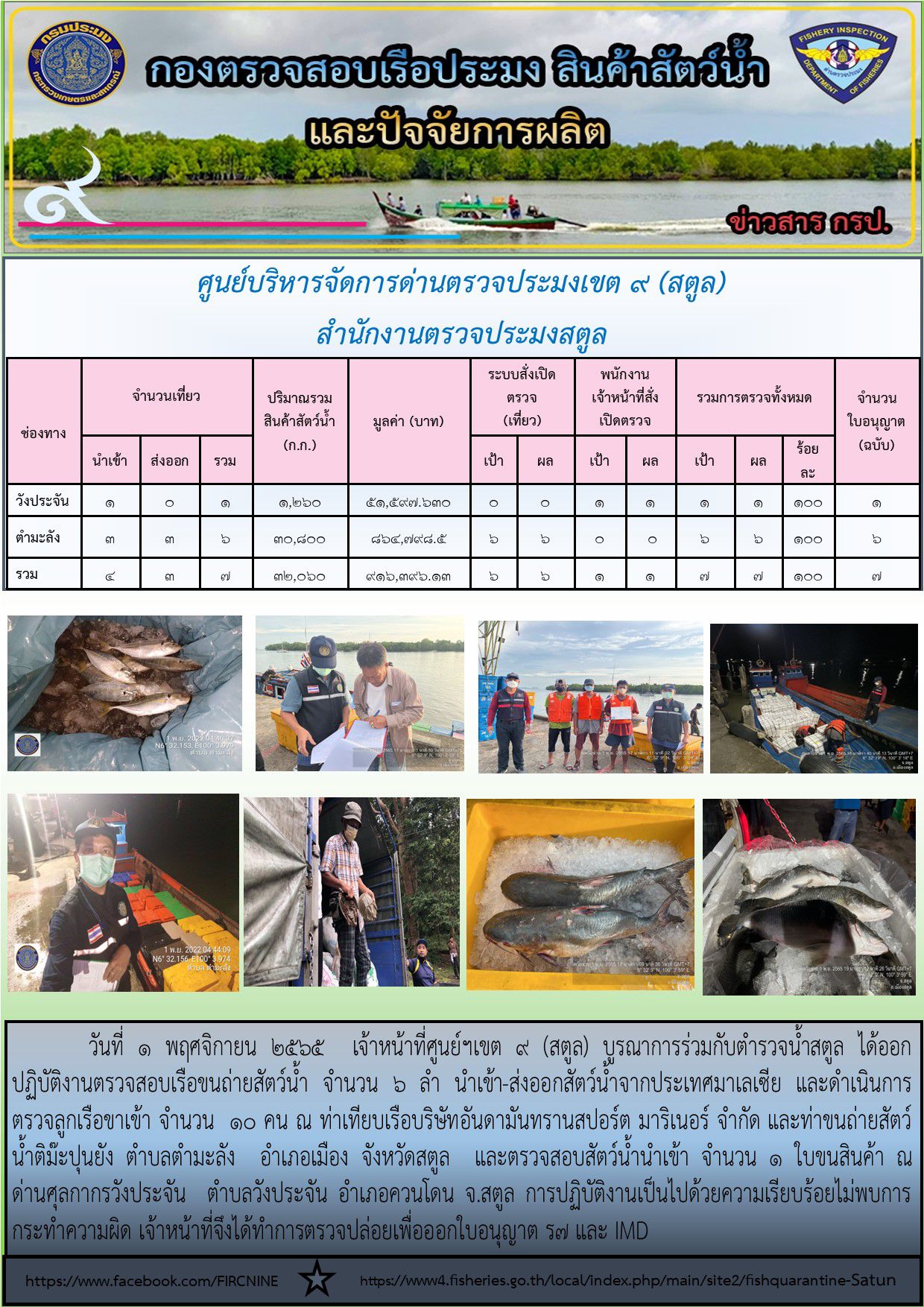 ประชาสัมพันธ์การปฏิบัติงานศูนย์บริหารจัดการด่านตรวจประมงเขต 9 (สตูล) ประจำวันที่ 1-5 พฤศจิกายน 2565..คลิก