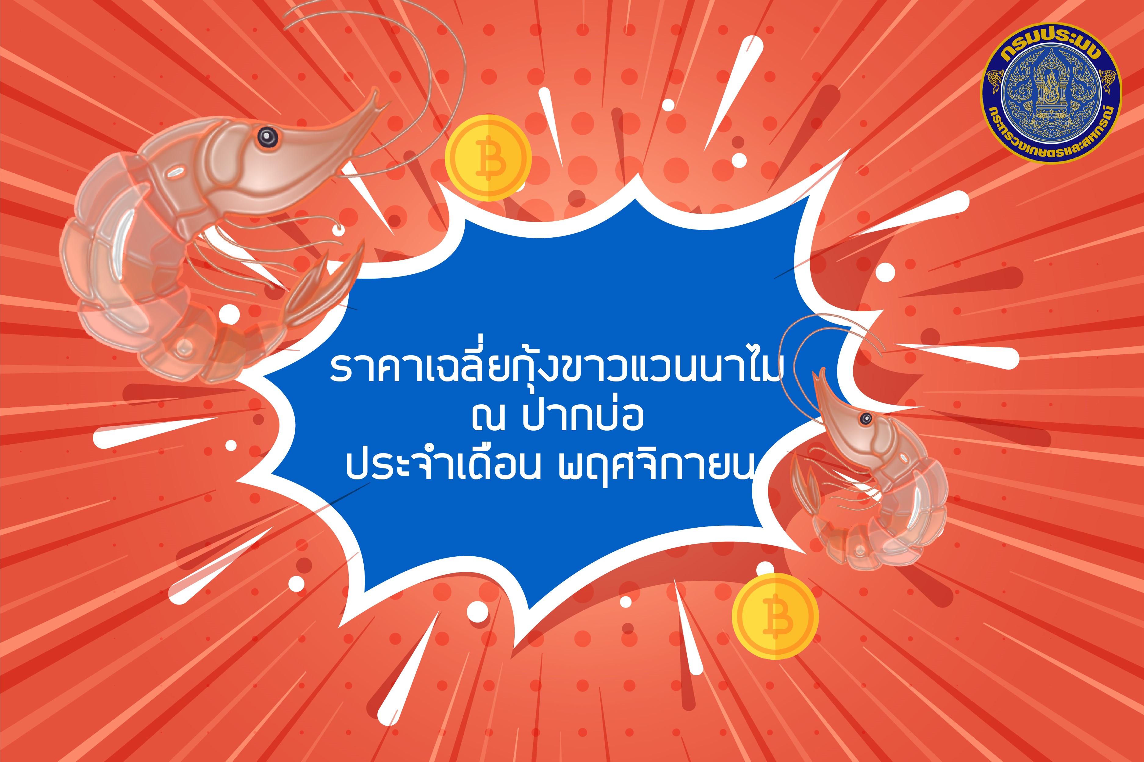ราคาเฉลี่ยกุ้งขาวแวนนาไม ณ ปากบ่อ ประจำเดือนพฤศจิกายน..คลิก