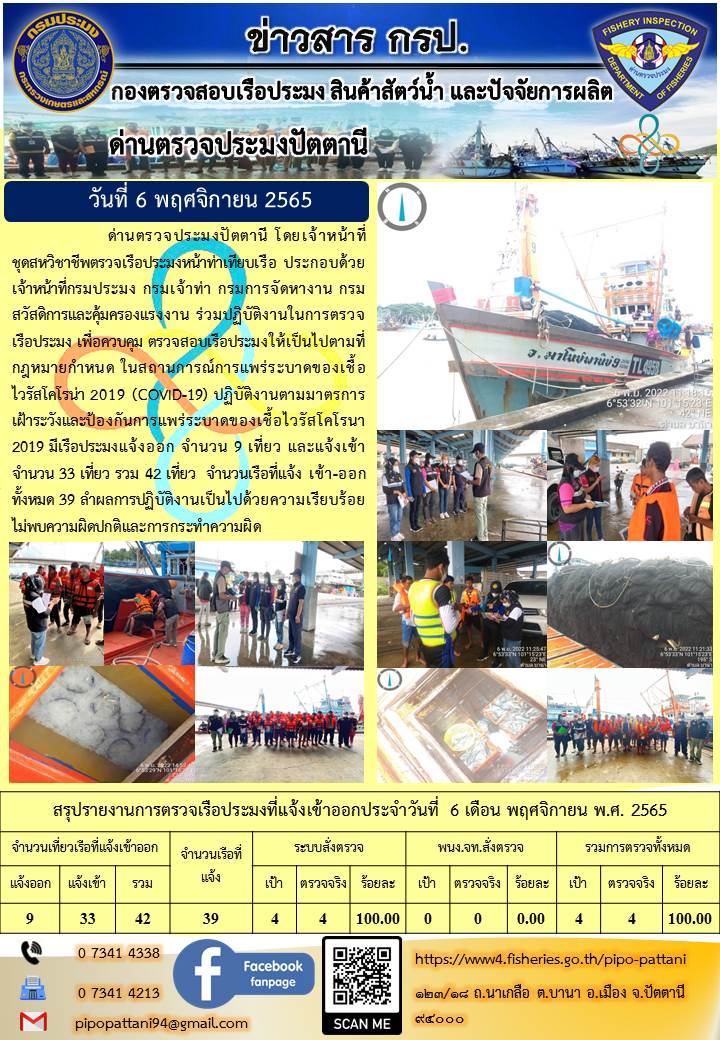 ข่าวสารการปฏิบัติงาน ด่านตรวจประมงปัตตานี 6 พ.ย. 65..คลิก