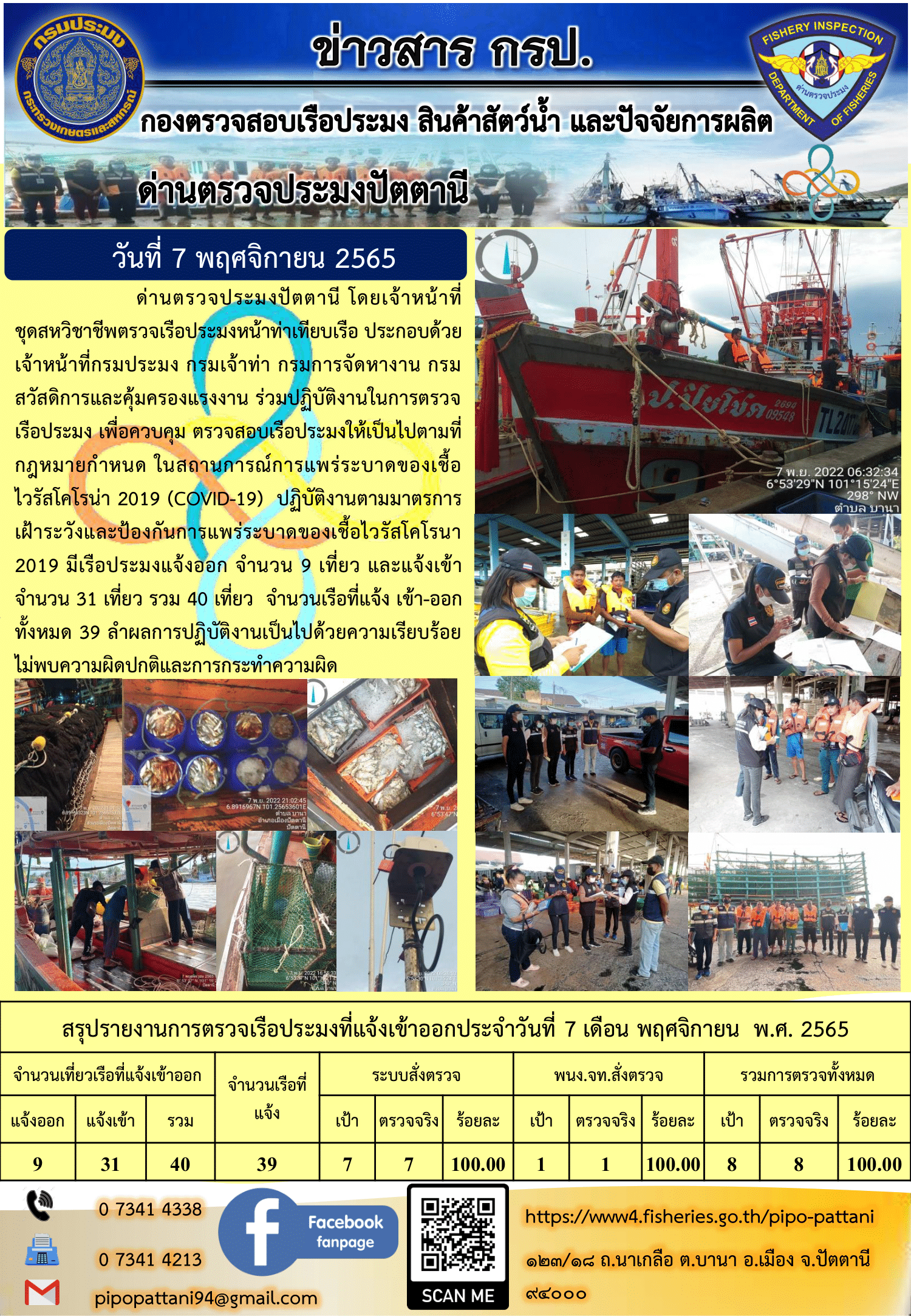ข่าวสารการปฏิบัติงาน ด่านตรวจประมงปัตตานี 7 พ.ย. 65..คลิก