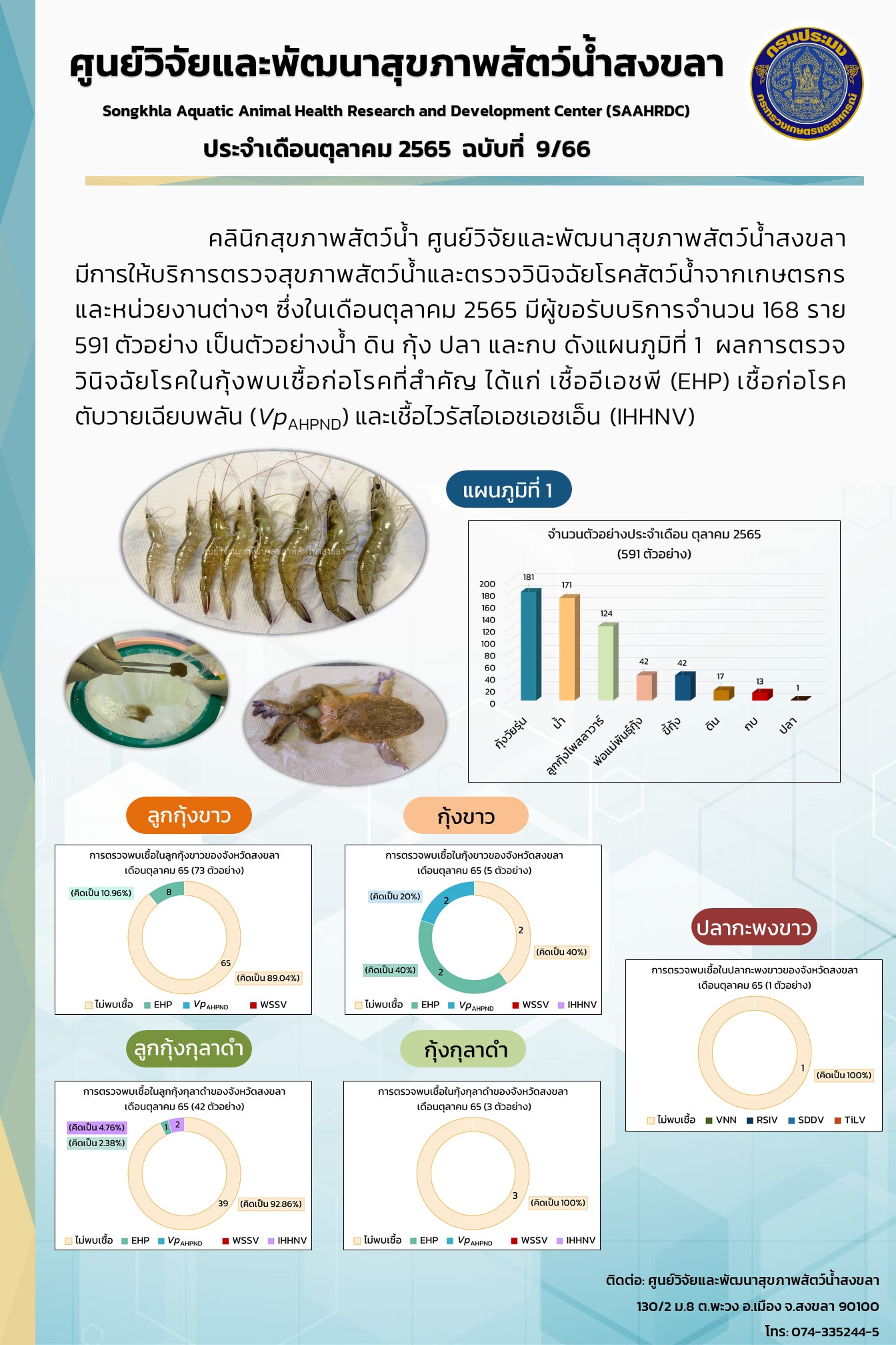 ฉบับที่ 9/66 ศูนย์วิจัยและพัฒนาสุขภาพสัตว์น้ำสงขลา มีการให้บริการตรวจสุขภาพสัตว์น้ำและตรวจวินิจฉัยโรคสัตว์น้ำจากเกษตรกร และหน่วยงานต่างๆ ซึ่งในเดือนตุลาคม 2565 มีผู้ขอรับบริการจำนวน 168 ราย..คลิก