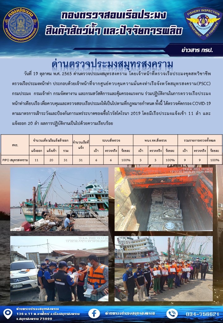 สถิติการแจ้งเข้า - ออกเรือประมงพาณิชย์ ด่านตรวจประมงสมุทรสงคราม ประจำวันที่ 19 ตุลาคม 2565..คลิก