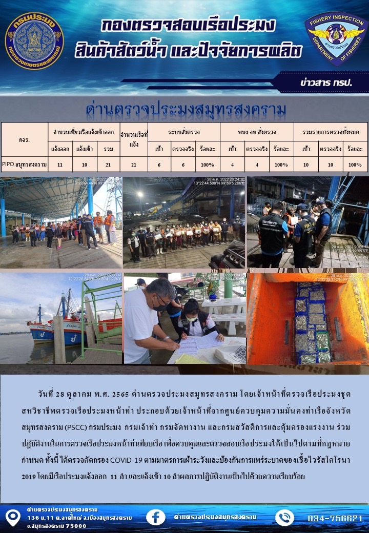 สถิติการแจ้งเข้า - ออกเรือประมงพาณิชย์ ด่านตรวจประมงสมุทรสงคราม ประจำวันที่ 28 ตุลาคม 2565..คลิก
