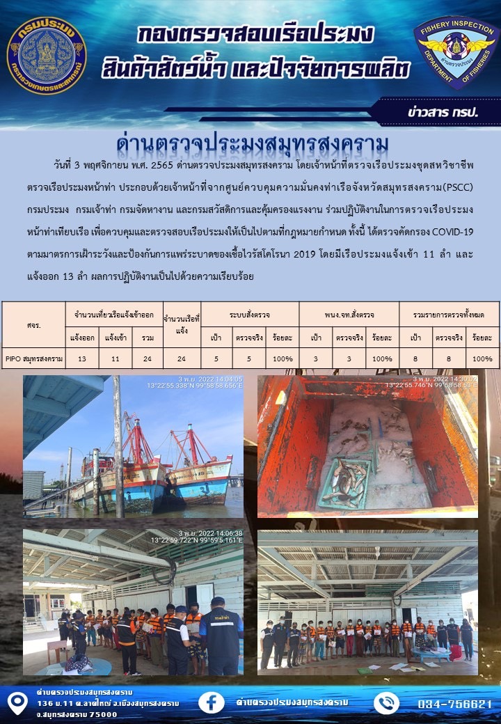 สถิติการแจ้งเข้า - ออกเรือประมงพาณิชย์ ด่านตรวจประมงสมุทรสงคราม ประจำวันที่ 3 พฤศจิกายน 2565..คลิก