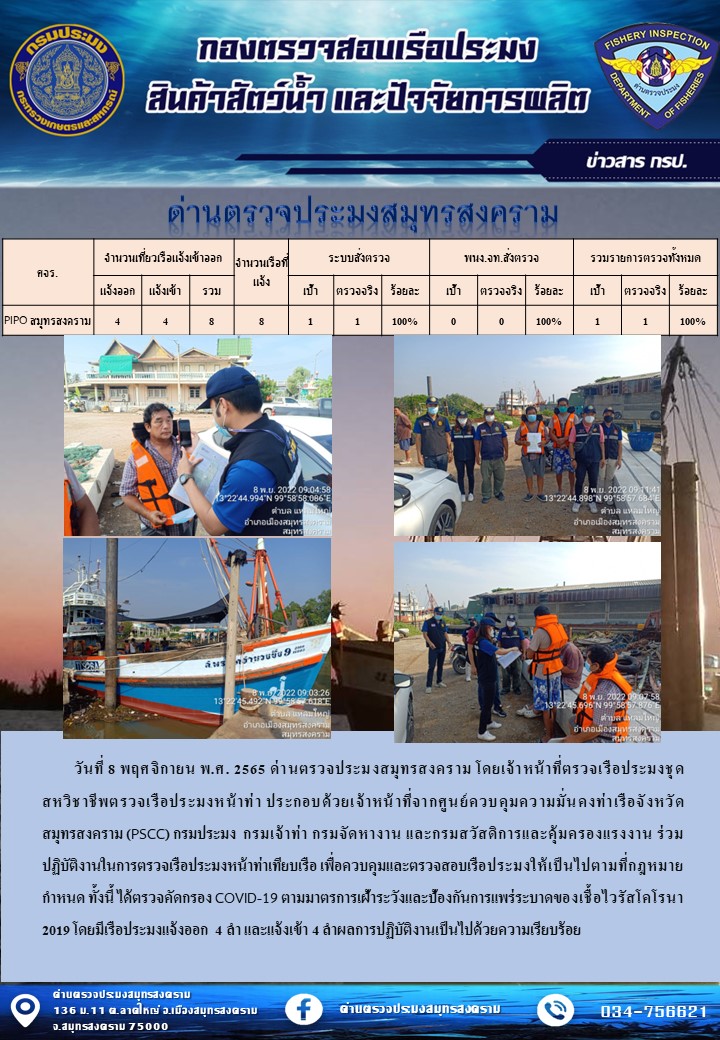 สถิติการแจ้งเข้า - ออกเรือประมงพาณิชย์ ด่านตรวจประมงสมุทรสงคราม ประจำวันที่ 8 พฤศจิกายน 2565..คลิก