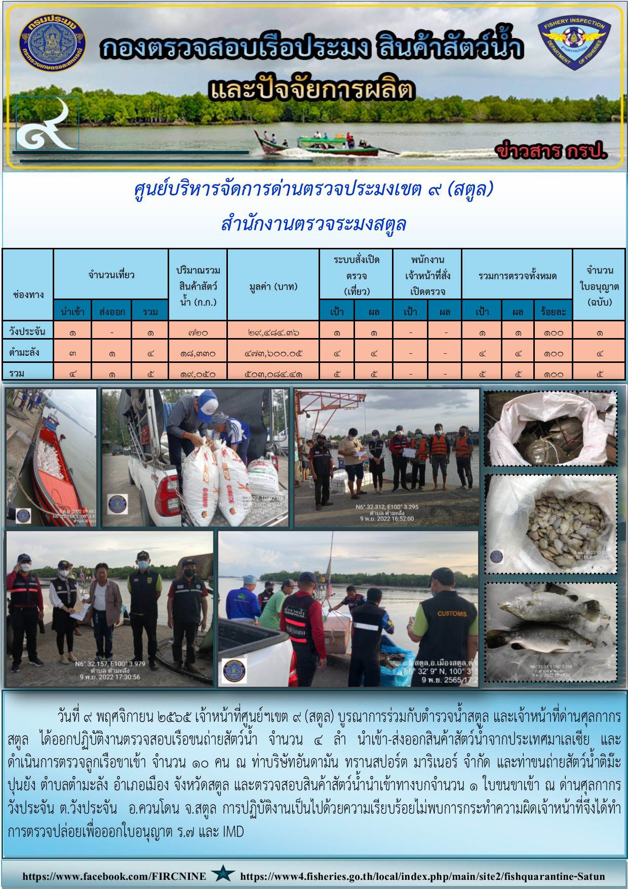 ประชาสัมพันธ์การปฏิบัติงานศูนย์บริหารจัดการด่านตรวจประมงเขต 9 (สตูล) ประจำวันที่ 6-10 พฤศจิกายน 2565..คลิก