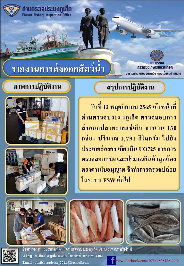 วันที่ 12 พฤศจิกายน 2565 เจ้าหน้าที่ด่านตรวจประมงภูเก็ต ตรวจสอบการส่งออกปลาทะเลแช่เย็น จำนวน 130 กล่อง ปริมาณ 1,791 กิโลกรัม ไปยังฮ่องกง เที่ยวบิน UO725 จากการตรวจสอบชนิดและปริมาณสินค้าถูกต้องตรงตามใบอนุญาต จึงทำการตรวจปล่อยในระบบ FSW ต่อไป..คลิก