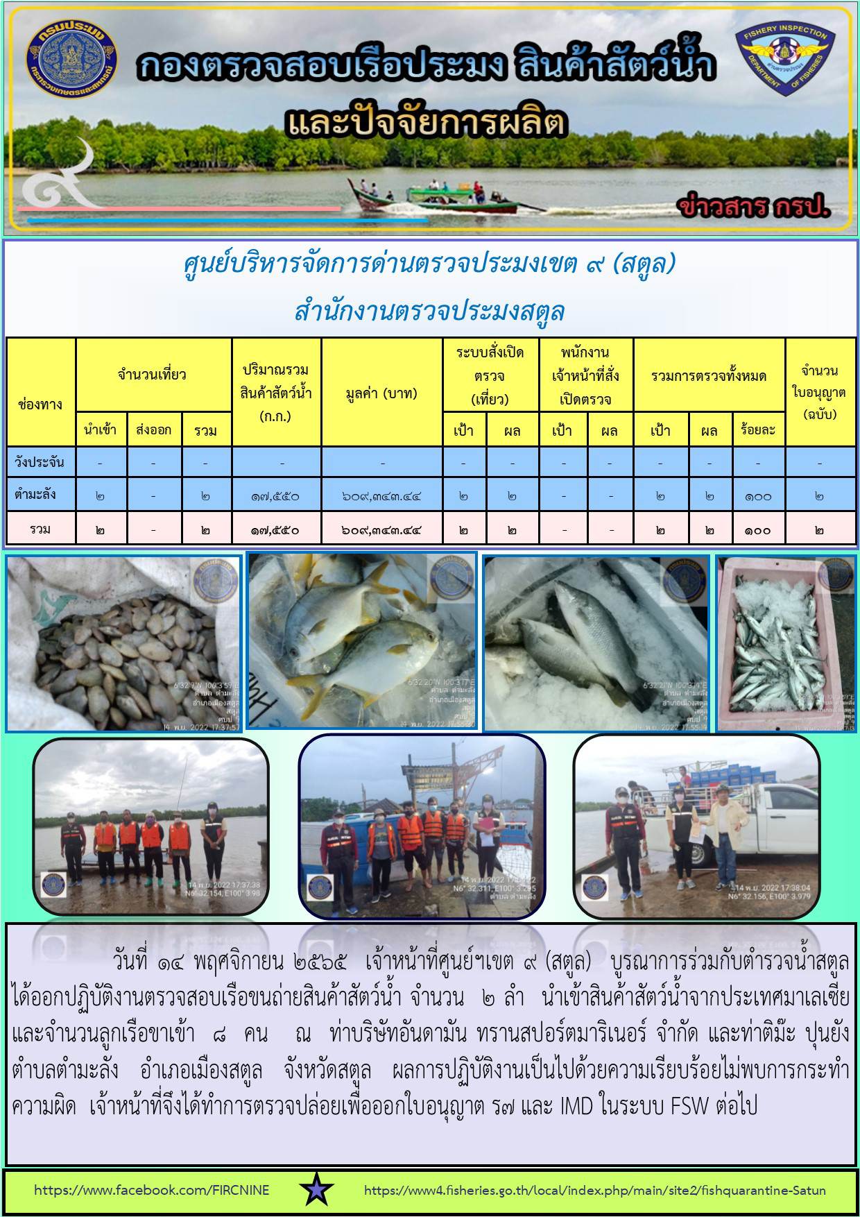 ประชาสัมพันธ์การปฏิบัติงานศูนย์บริหารจัดการด่านตรวจประมงเขต 9 (สตูล) ประจำวันที่ 11-15 พฤศจิกายน 2565..คลิก