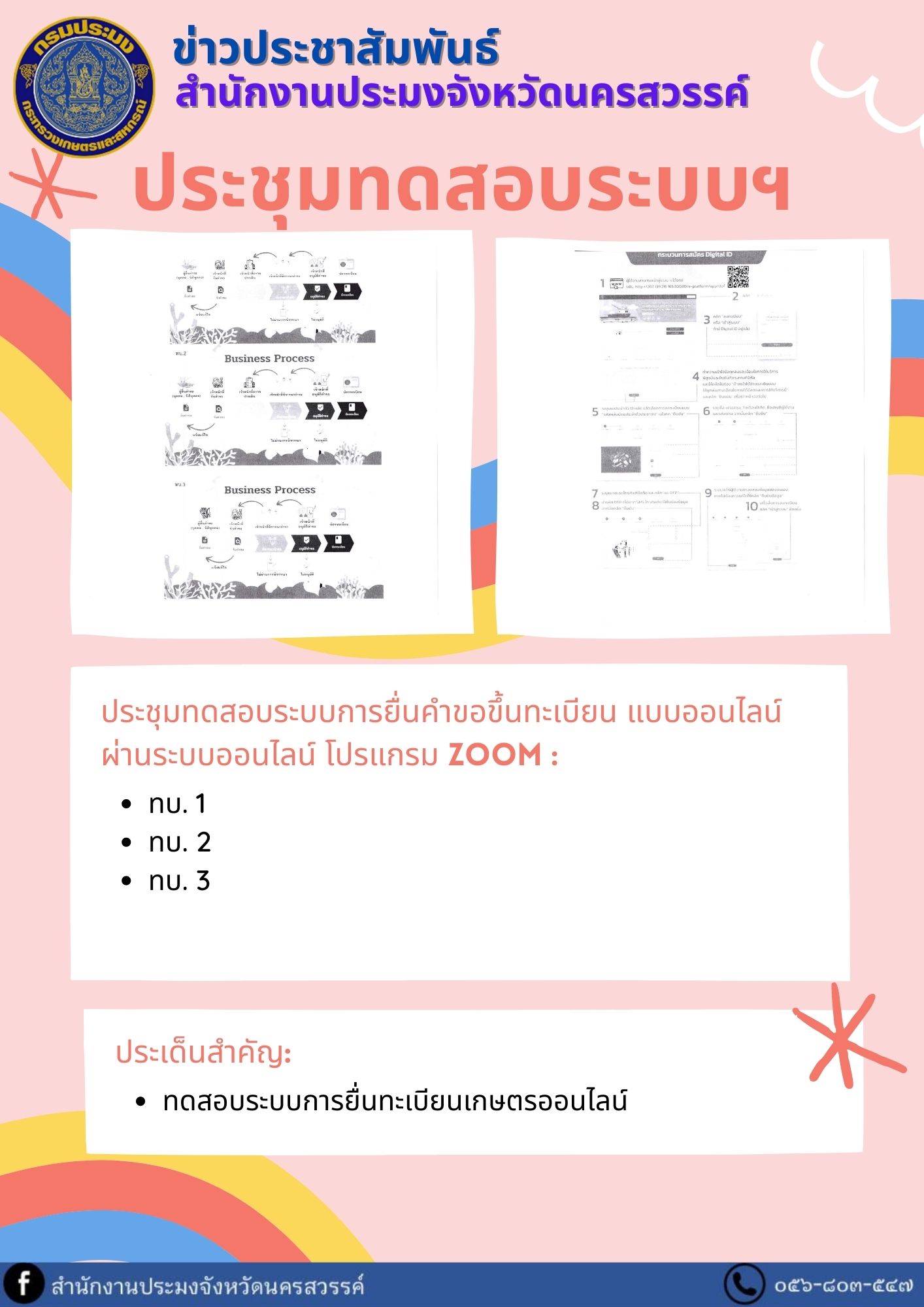 ประชุมทดสอบระบบการยื่นคำขอขึ้นทะเบียน ทบ. 1 ทบ. 2 และทบ. 3 แบบออนไลน์ ผ่านระบบออนไลน์ โปรแกรม ZOOM..คลิก