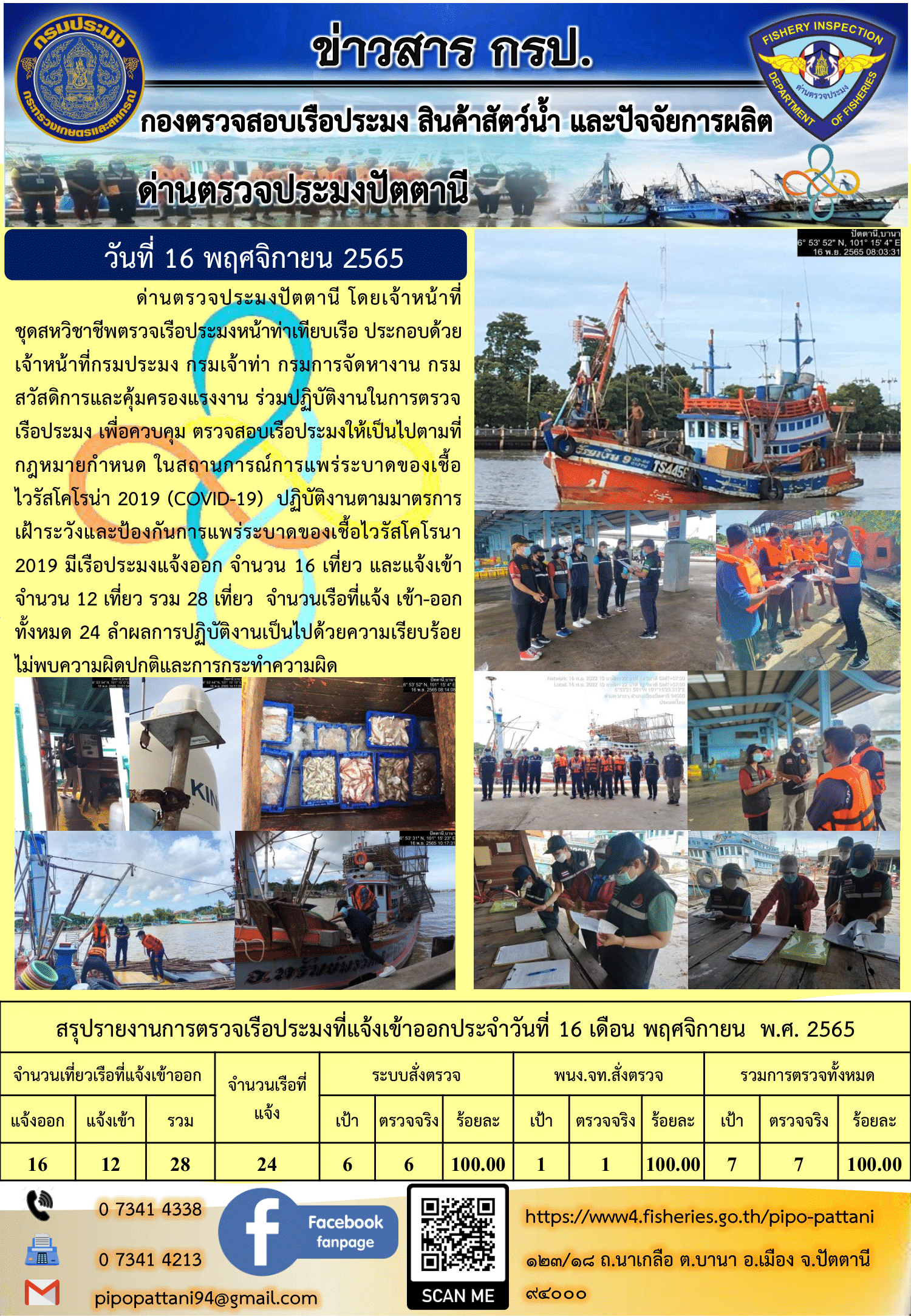 ข่าวสารการปฏิบัติงาน ด่านตรวจประมงปัตตานี 16 พ.ย. 65..คลิก