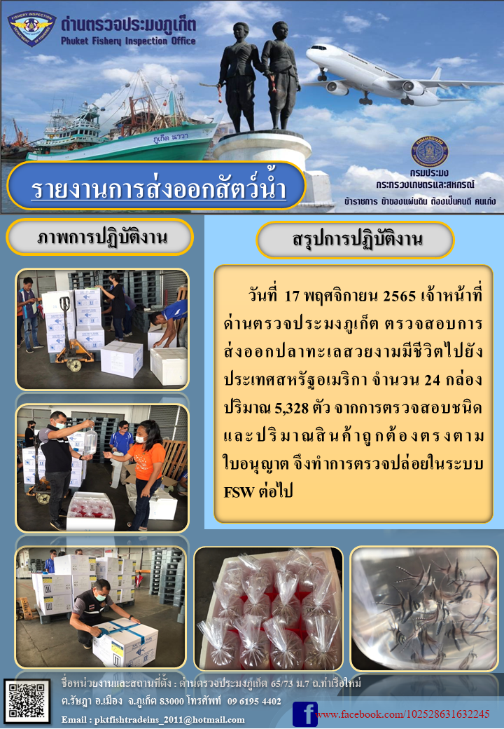วันที่ 17 พฤศจิกายน 2565 เจ้าหน้าที่ด่านตรวจประมงภูเก็ต ตรวจสอบการส่งออกปลาทะเลสวยงาม จำนวน 24 กล่อง ปริมาณ 5,328 ตัว ไปยังประเทศสหรัฐอเมริกา จากการตรวจสอบชนิดและปริมาณสินค้าถูกต้องตรงตามใบอนุญาต จึงทำการตรวจปล่อยในระบบ FSW ต่อไป..คลิก