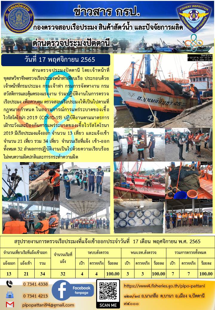 ข่าวสารการปฏิบัติงาน ด่านตรวจประมงปัตตานี 17 พ.ย. 65..คลิก