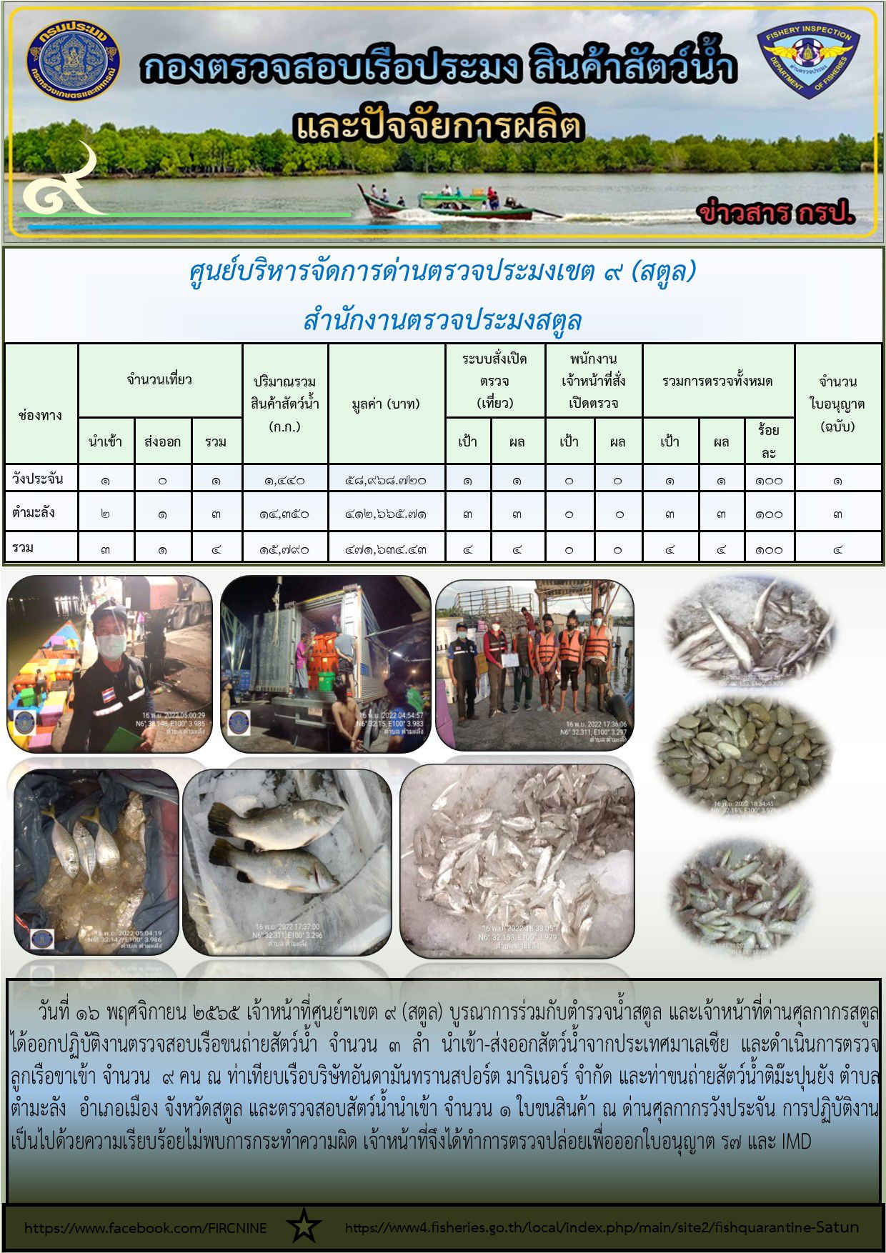 ประชาสัมพันธ์การปฏิบัติงานศูนย์บริหารจัดการด่านตรวจประมงเขต 9 (สตูล) ประจำวันที่ 16-20 พฤศจิกายน 2565..คลิก