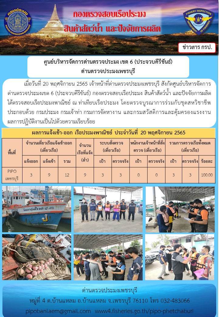 ข่าวประชาสัมพันธ์ ด่านตรวจประมงเพชรบุรี สถิติเรือที่แจ้งเข้า - ออก ประจำวันที่ 20 พ.ย. 2565..คลิก