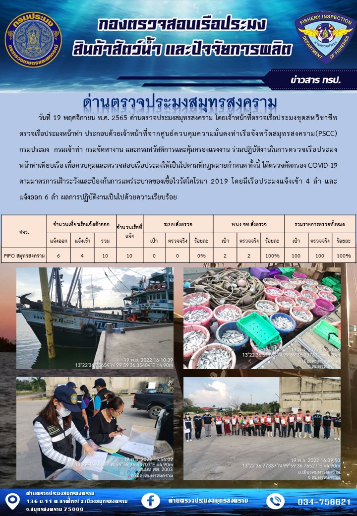 สถิติการแจ้งเข้า - ออกเรือประมงพาณิชย์ ด่านตรวจประมงสมุทรสงคราม ประจำวันที่ 19 พฤศจิกายน 2565..คลิก