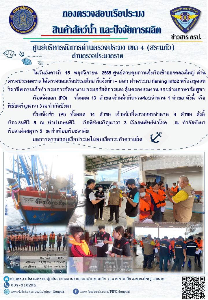 ผลการปฏิบัติงานประจำวันที่ 15 พฤศจิกายน 2565..คลิก