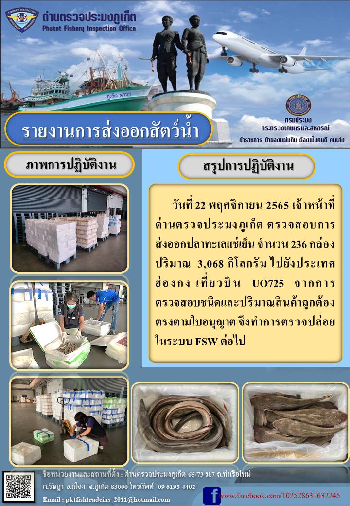 วันที่ 22 พฤศจิกายน 2565 เจ้าหน้าที่ด่านตรวจประมงภูเก็ต ตรวจสอบการส่งออกปลาทะเลแช่เย็น จำนวน 236 กล่อง ปริมาณ 3,068 กิโลกรัม ไปยังฮ่องกง เที่ยวบิน UO725 จากการตรวจสอบชนิดและปริมาณสินค้าถูกต้องตรงตามใบอนุญาต จึงทำการตรวจปล่อยในระบบ FSW ต่อไป..คลิก