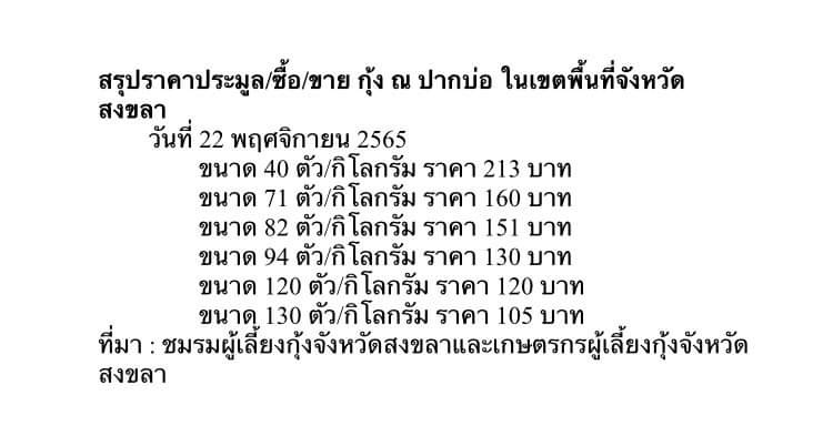 สรุปราคาประมูล ซื้อ/ขาย กุ้ง ณ ปากบ่อ ในเขตพื้นที่จังหวัดสงขลา..คลิก