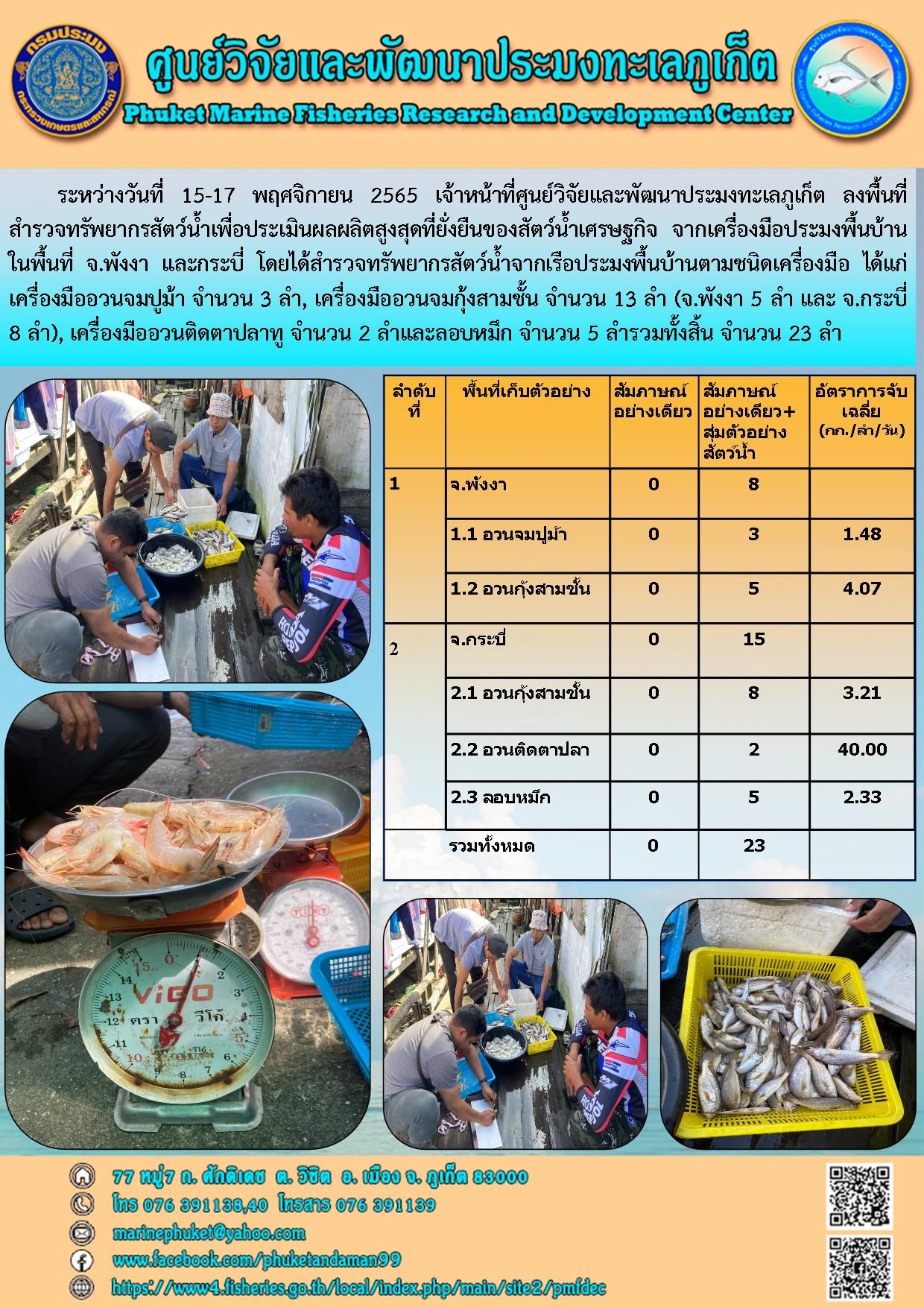 ระหว่างวันที่ 15-17 พฤศจิกายน 2565 เจ้าหน้าที่ศูนย์วิจัยและพัฒนาประมงทะเลภูเก็ต ลงพื้นที่สำรวจทรัพยากรสัตว์น้ำเพื่อประเมินผลผลิตสูงสุดที่ยั่งยืนของสัตว์น้ำเศรษฐกิจ จากเครื่องมือประมงพื้นบ้านในพื้นที่ จ.พังงา และกระบี่ โดยได้สำรวจทรัพยากรสัตว์น้ำจากเรือประมงพื้นบ้านตามชนิดเครื่องมือ ได้แก่ เครื่องมืออวนจมปูม้า จำนวน 3 ลำ, เครื่องมืออวนจมกุ้งสามชั้น จำนวน 13 ลำ (จ.พังงา 5 ลำ และ จ.กระบี่ 8 ลำ), เครื่องมืออวนติดตาปลาทู จำนวน 2 ลำและลอบหมึก จำนวน 5 ลำรวมทั้งสิ้น จำนวน 23 ลำ..คลิก