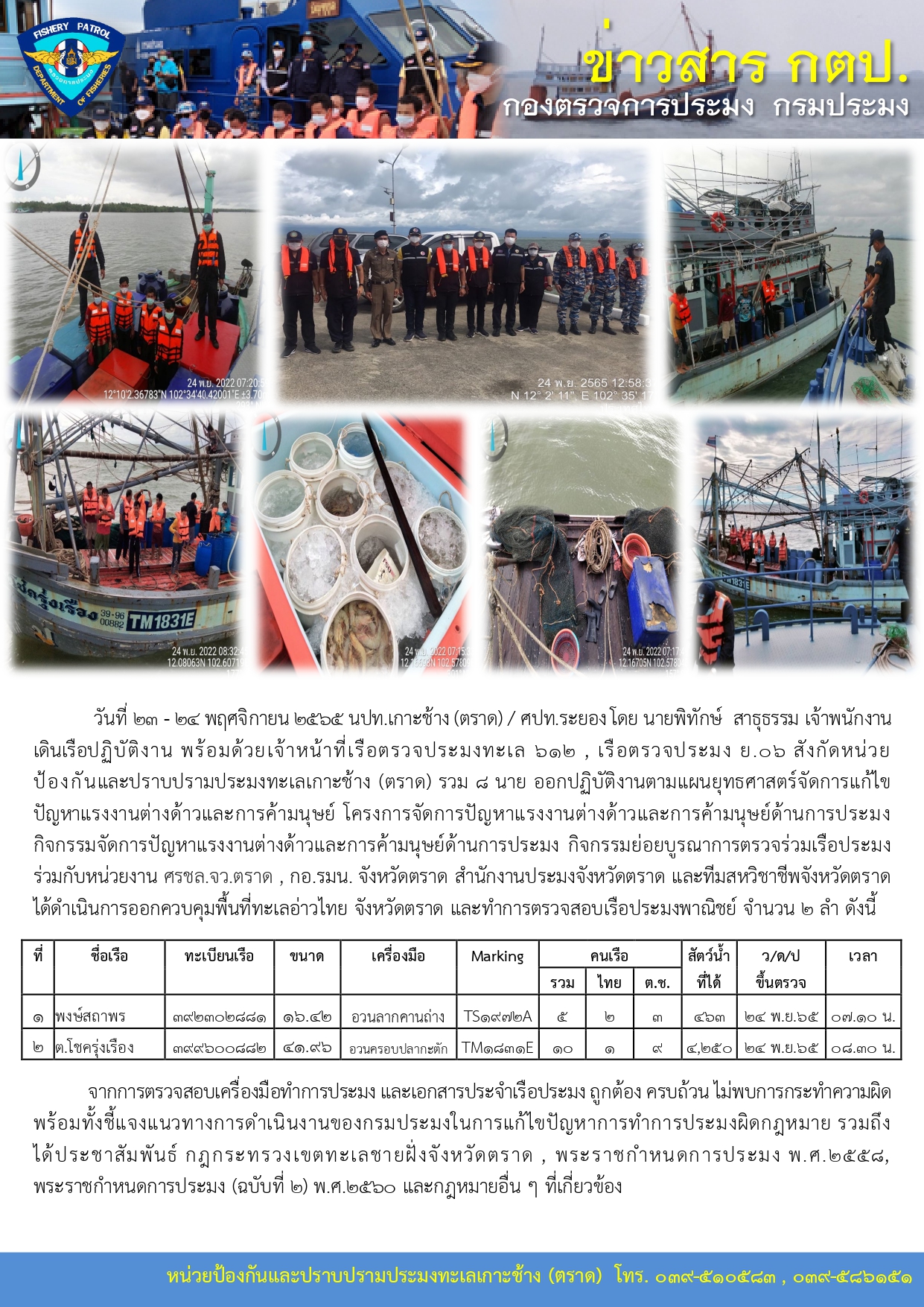 วันที่ 23 - 24 พฤศจิกายน 2565 กิจกรรมจัดการปัญหาแรงงานต่างด้าวและการค้ามนุษย์ด้านการประมง กิจกรรมย่อยบูรณาการตรวจร่วมเรือประมง เรือตรวจประมงทะเล 612 , เรือตรวจประมง ย.06..คลิก