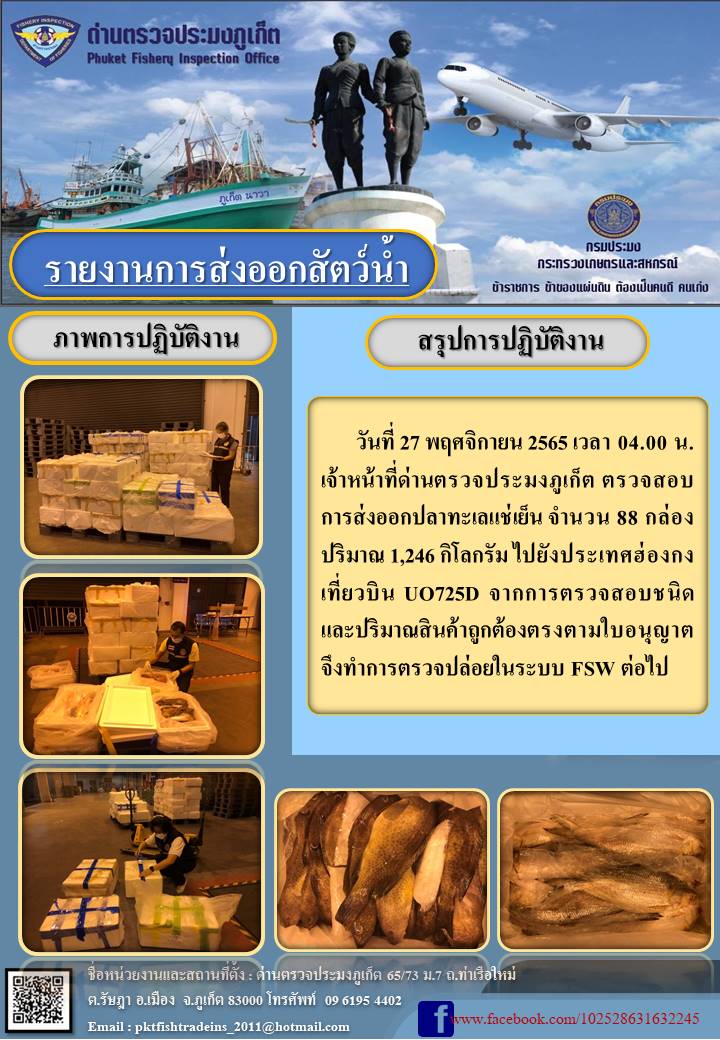 วันที่ 27 พฤศจิกายน 2565 เจ้าหน้าที่ด่านตรวจประมงภูเก็ต ตรวจสอบการส่งออกปลาทะเลแช่เย็น จำนวน 88 กล่อง ปริมาณ 1,246 กิโลกรัม ไปยังฮ่องกง เที่ยวบิน UO725D จากการตรวจสอบชนิดและปริมาณสินค้าถูกต้องตรงตามใบอนุญาต จึงทำการตรวจปล่อยในระบบ FSW ต่อไป..คลิก