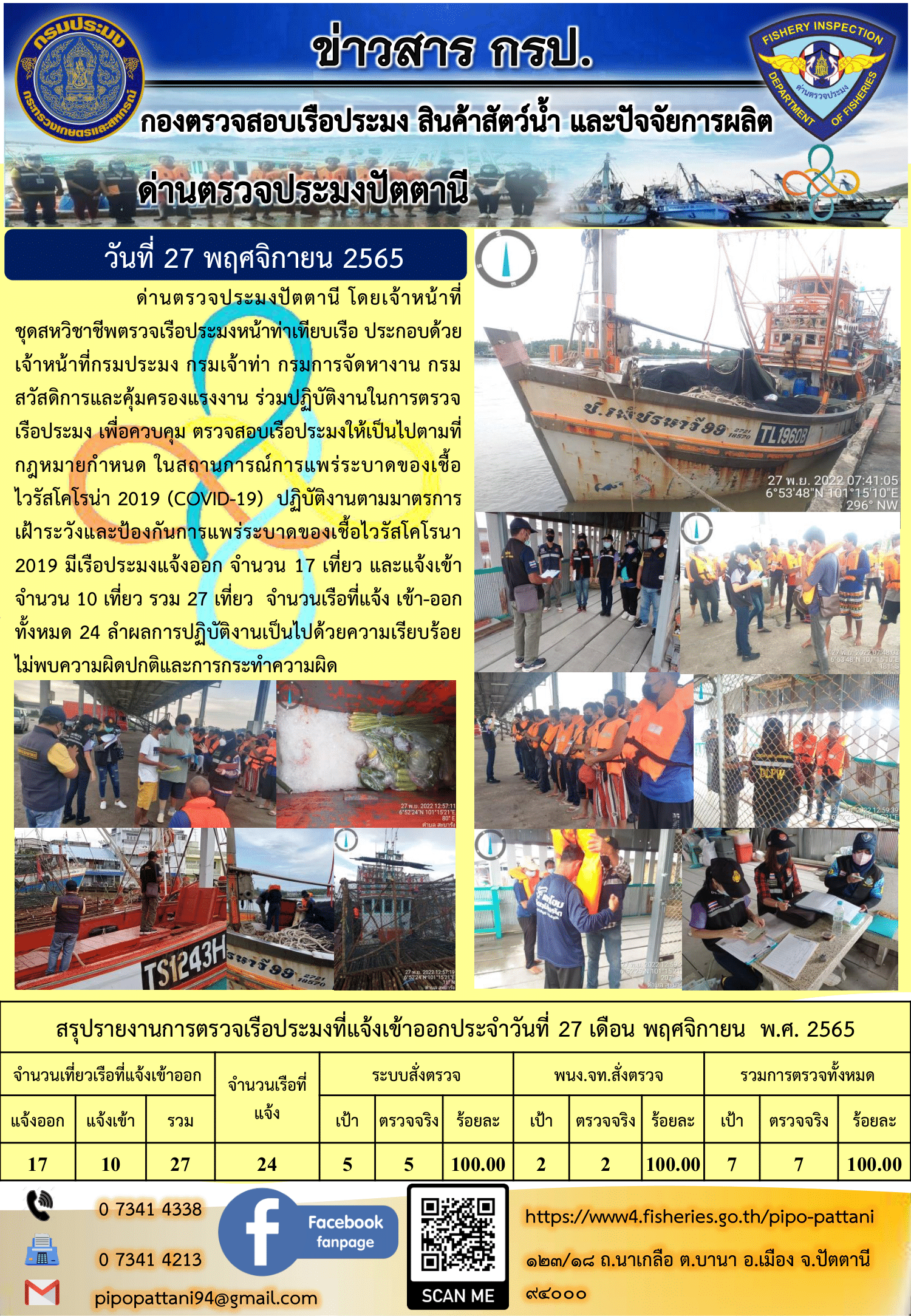 ข่าวสารการปฏิบัติงาน ด่านตรวจประมงปัตตานี 27 พ.ย. 65..คลิก
