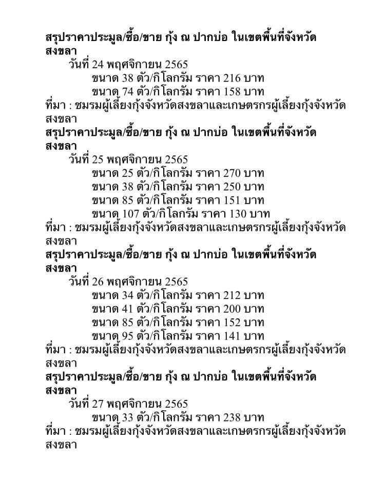 สรุปราคาประมูล ซื้อ/ขาย กุ้ง ณ ปากบ่อ ในเขตพื้นที่จังหวัดสงขลา..คลิก