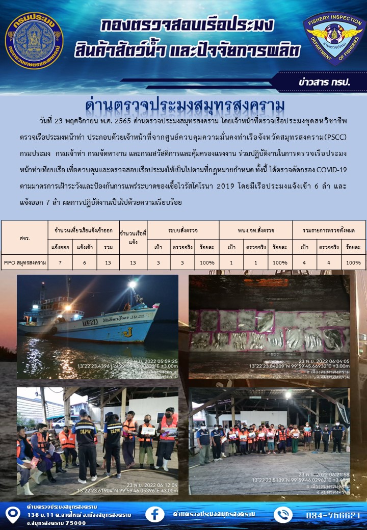 สถิติการแจ้งเข้า - ออกเรือประมงพาณิชย์ ด่านตรวจประมงสมุทรสงคราม ประจำวันที่ 23 พฤศจิกายน 2565..คลิก