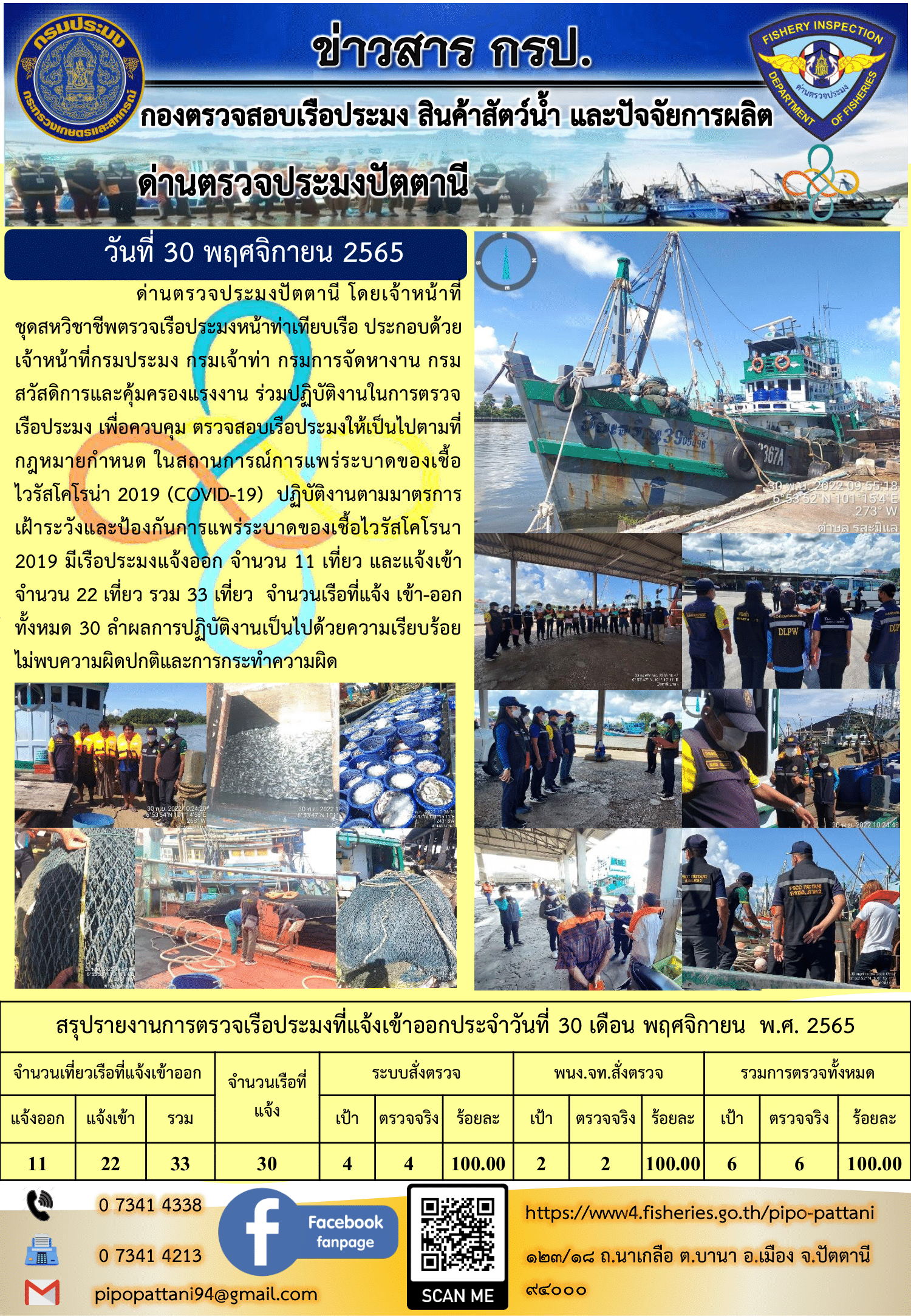 ข่าวสารการปฏิบัติงาน ด่านตรวจประมงปัตตานี 30 พ.ย. 65..คลิก