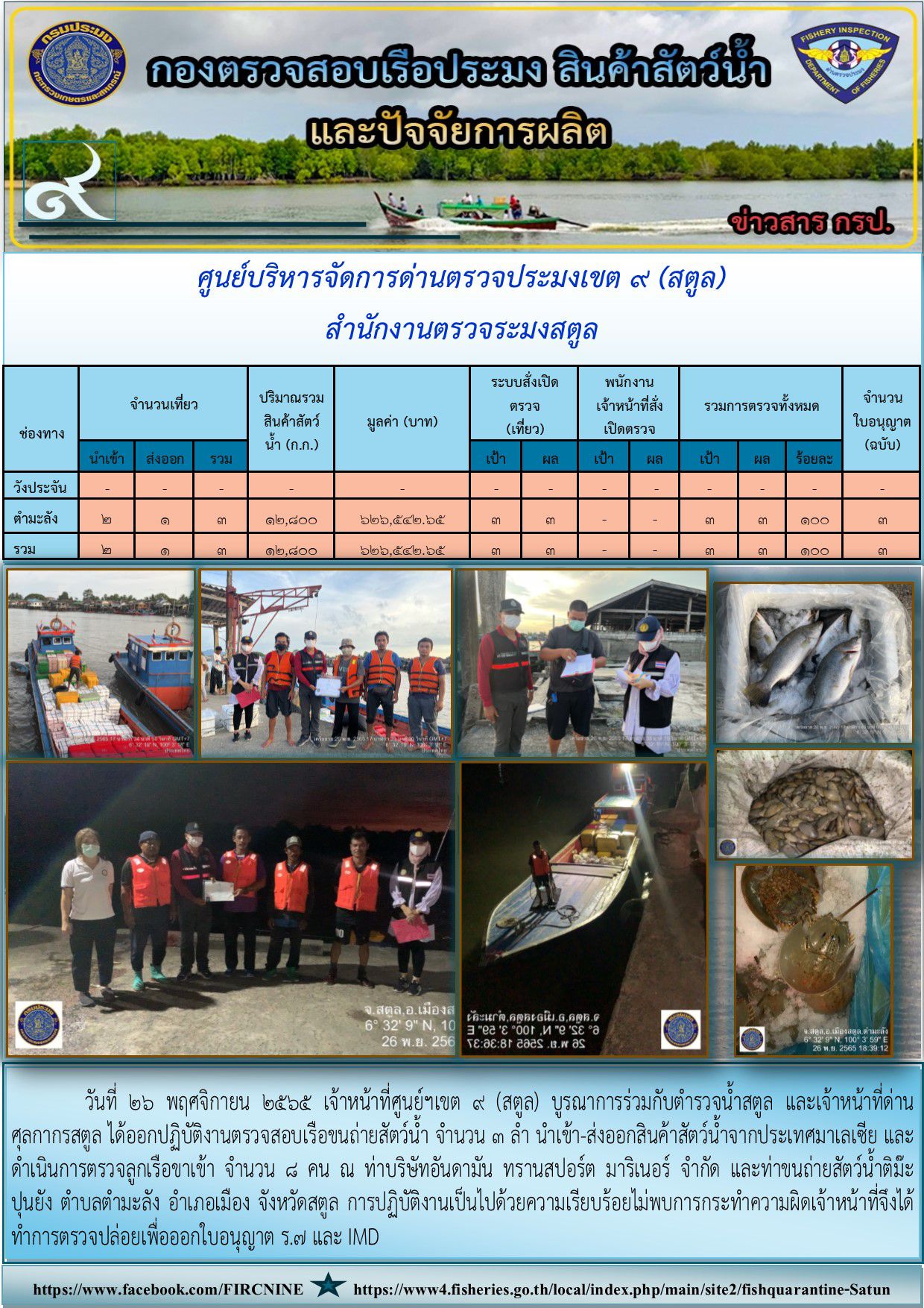 ประชาสัมพันธ์การปฏิบัติงานศูนย์บริหารจัดการด่านตรวจประมงเขต 9 (สตูล) ประจำวันที่ 26-30 พฤศจิกายน 2565..คลิก