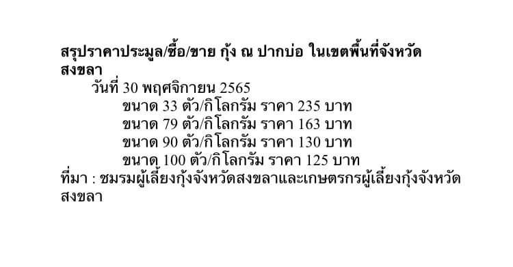 สรุปราคาประมูล ซื้อ/ขาย กุ้ง ณ ปากบ่อ ในเขตพื้นที่จังหวัดสงขลา..คลิก