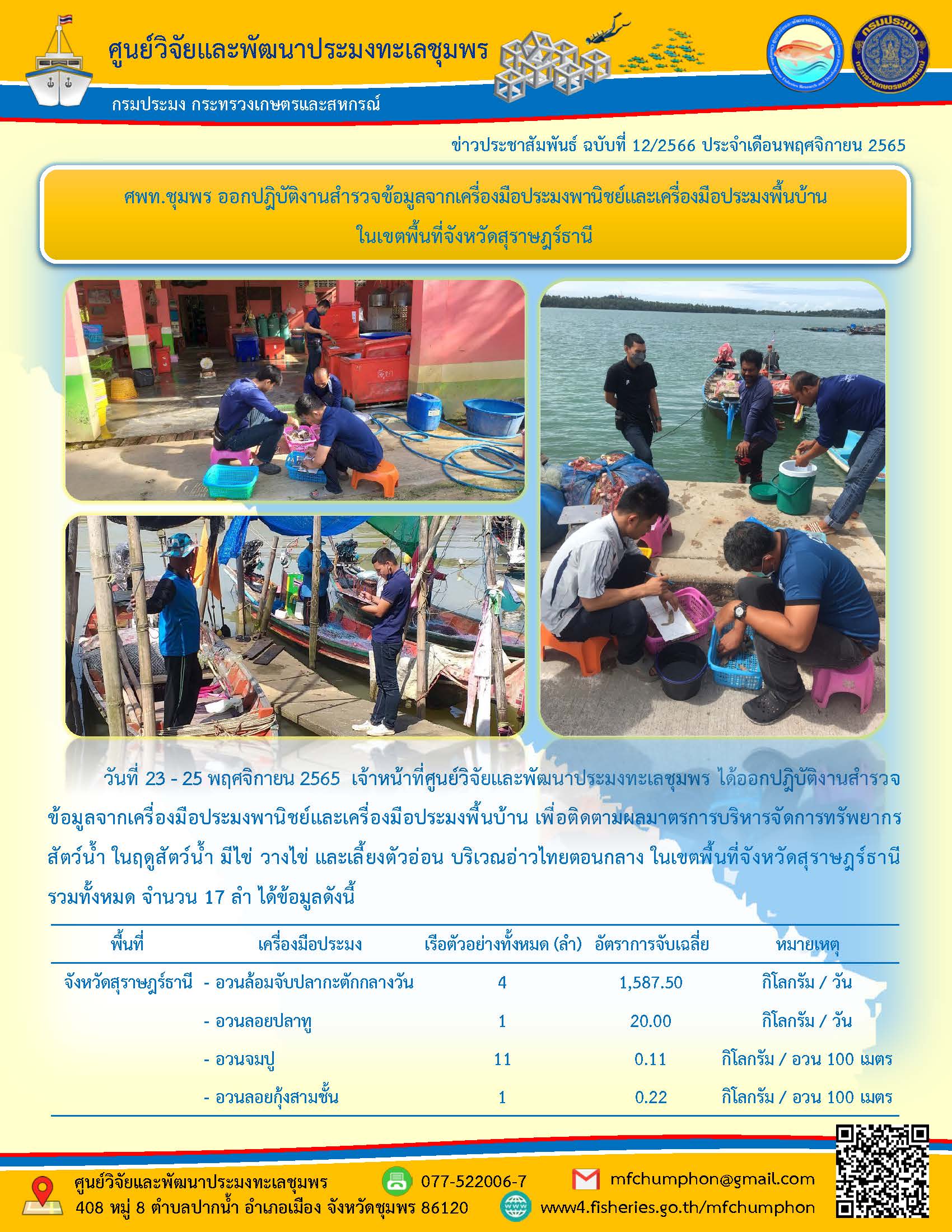 ศพท.ชุมพร ออกปฎิบัติงานสำรวจข้อมูลจากเครื่องมือประมงพานิชย์และเครื่องมือประมงพื้นบ้าน ในเขตพื้นที่จังหวัดสุราษฎร์ธานี