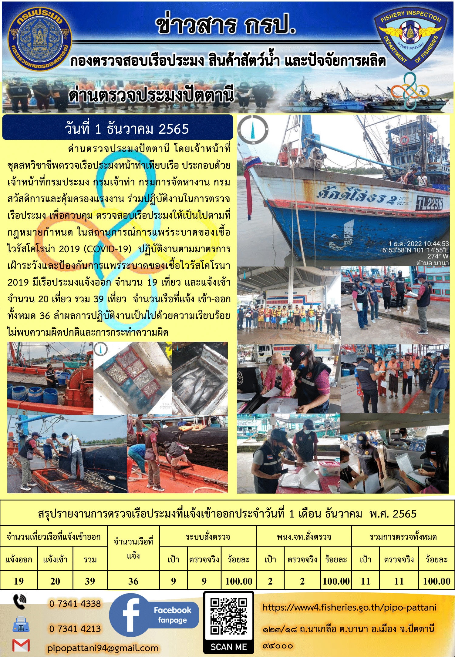 ข่าวสารการปฏิบัติงาน ด่านตรวจประมงปัตตานี 1 ธ.ค. 65..คลิก