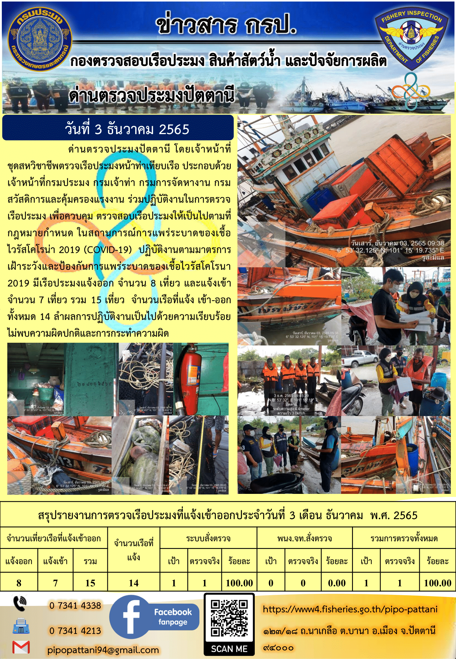 ข่าวสารการปฏิบัติงาน ด่านตรวจประมงปัตตานี 3 ธ.ค. 65..คลิก