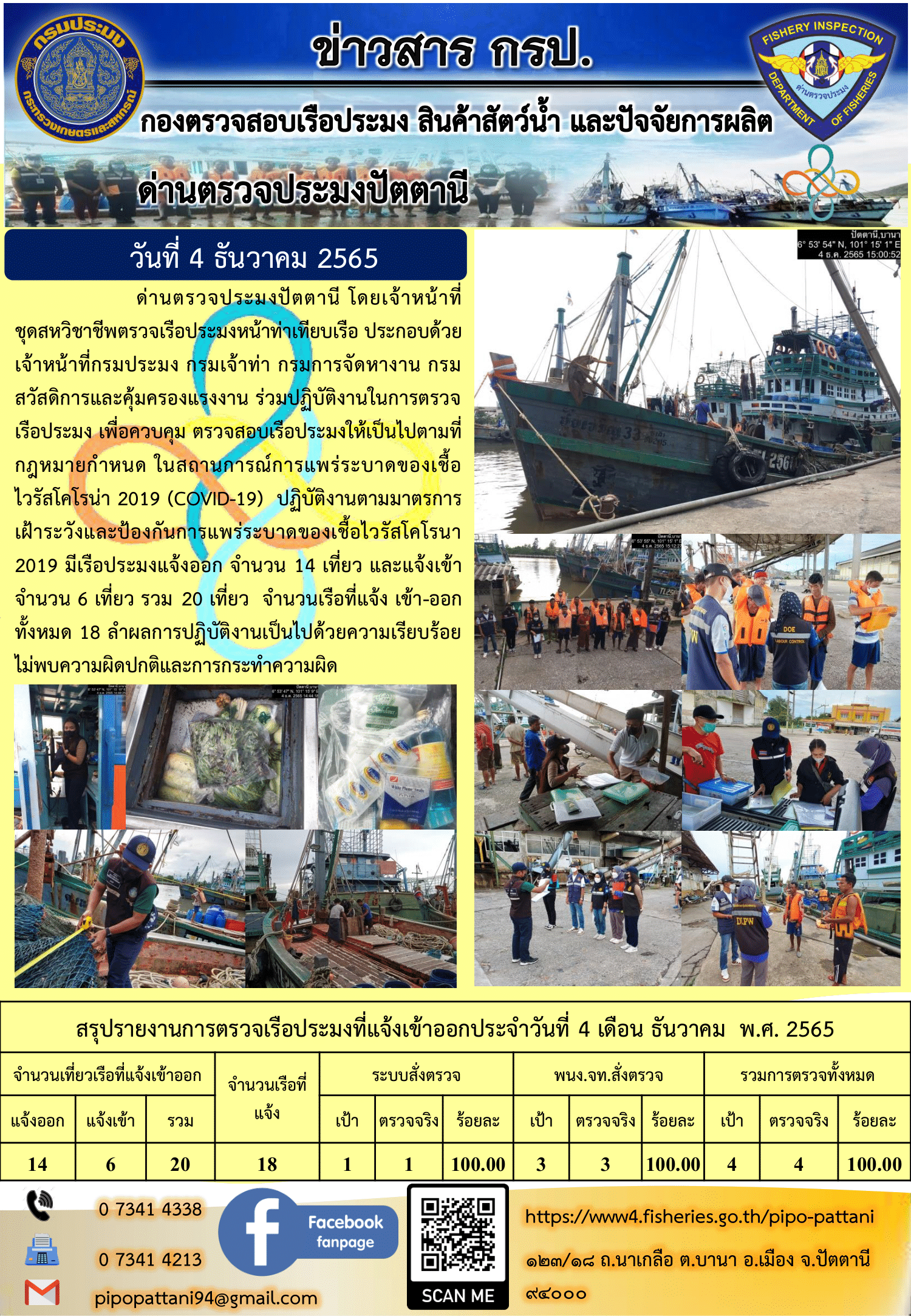 ข่าวสารการปฏิบัติงาน ด่านตรวจประมงปัตตานี 4 ธ.ค. 65..คลิก
