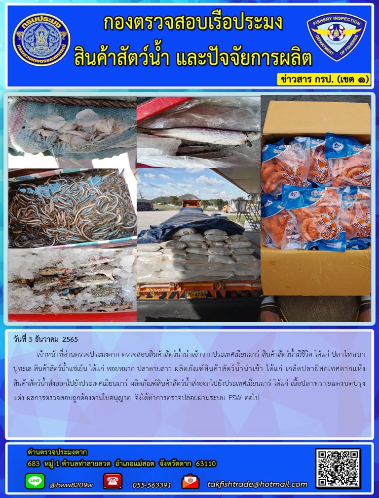วันที่ 5 ธันวาคม 2565  	เจ้าหน้าที่ด่านตรวจประมงตาก ตรวจสอบสินค้าสัตว์น้ำนำเข้าจากประเทศเมียนมาร์ สินค้าสัตว์น้ำมีชีวิต ได้แก่ ปลาไหลนา ปูทะเล สินค้าสัตว์น้ำแช่เย็น ได้แก่ หอยหมาก ปลาดาบลาว ผลิตภัณฑ์สินค้าสัตว์น้ำนำเข้า ได้แก่ เกล็ดปลายี่สกเทศตากแห้ง สินค้าสัตว์น้ำส่งออกไปยังประเทศเมียนมาร์ ผลิตภัณฑ์สินค้าสัตว์น้ำส่งออกไปยังประเทศเมียนมาร์ ได้แก่ เนื้อปลาทรายแดงบดปรุงแต่ง ผลการตรวจสอบถูกต้องตามใบอนุญาต จึงได้ทำการตรวจปล่อยผ่านระบบ FSW ต่อไป..คลิก