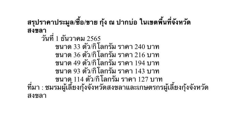 สรุปราคาประมูล ซื้อ/ขาย กุ้ง ณ ปากบ่อ ในเขตพื้นที่จังหวัดสงขลา..คลิก