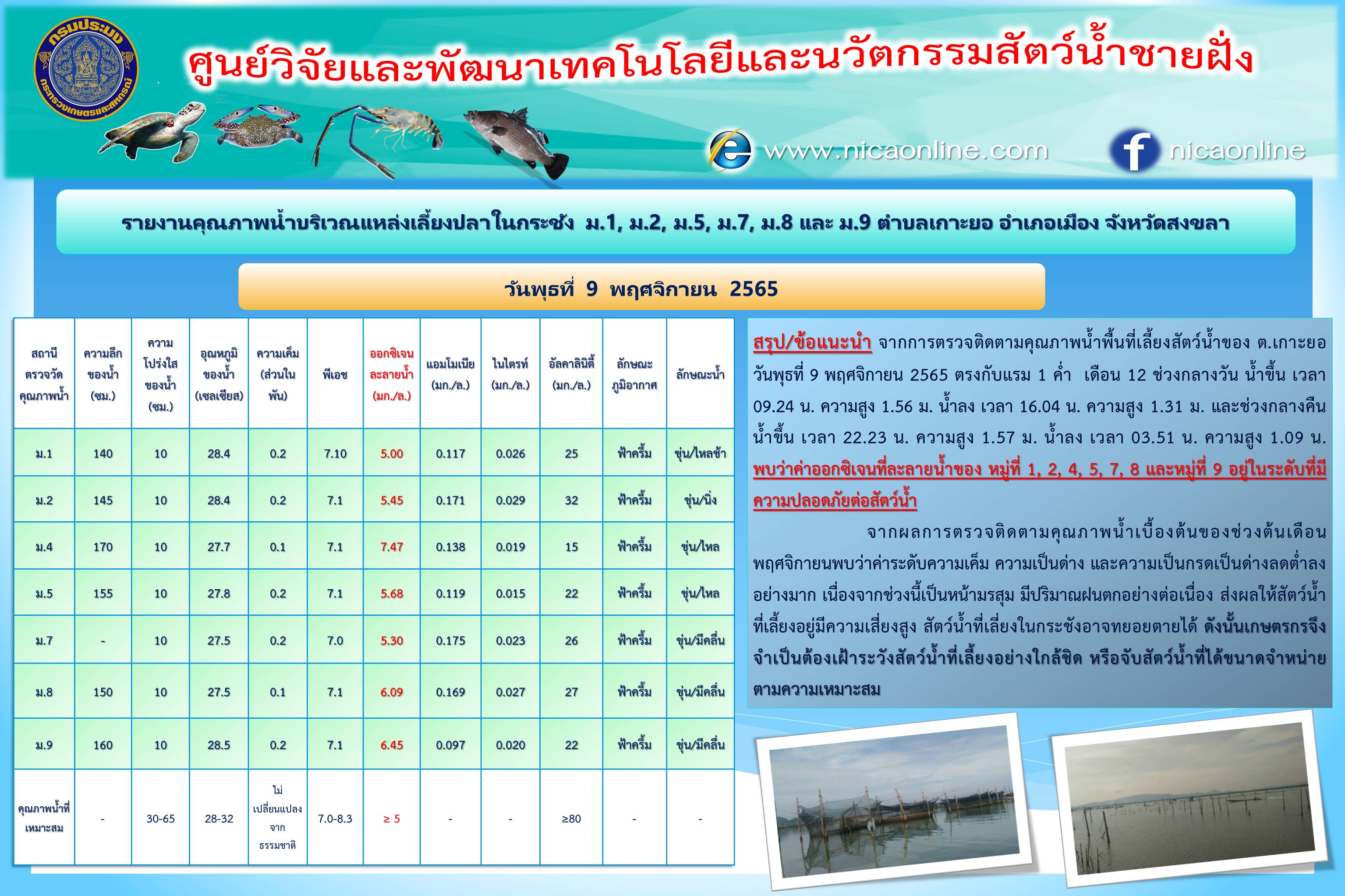 รายงานคุณภาพน้ำ ตำบลเกาะยอ อำเภอเมือง จังหวัดสงขลา 9 พฤศจิกายน 2565..คลิก