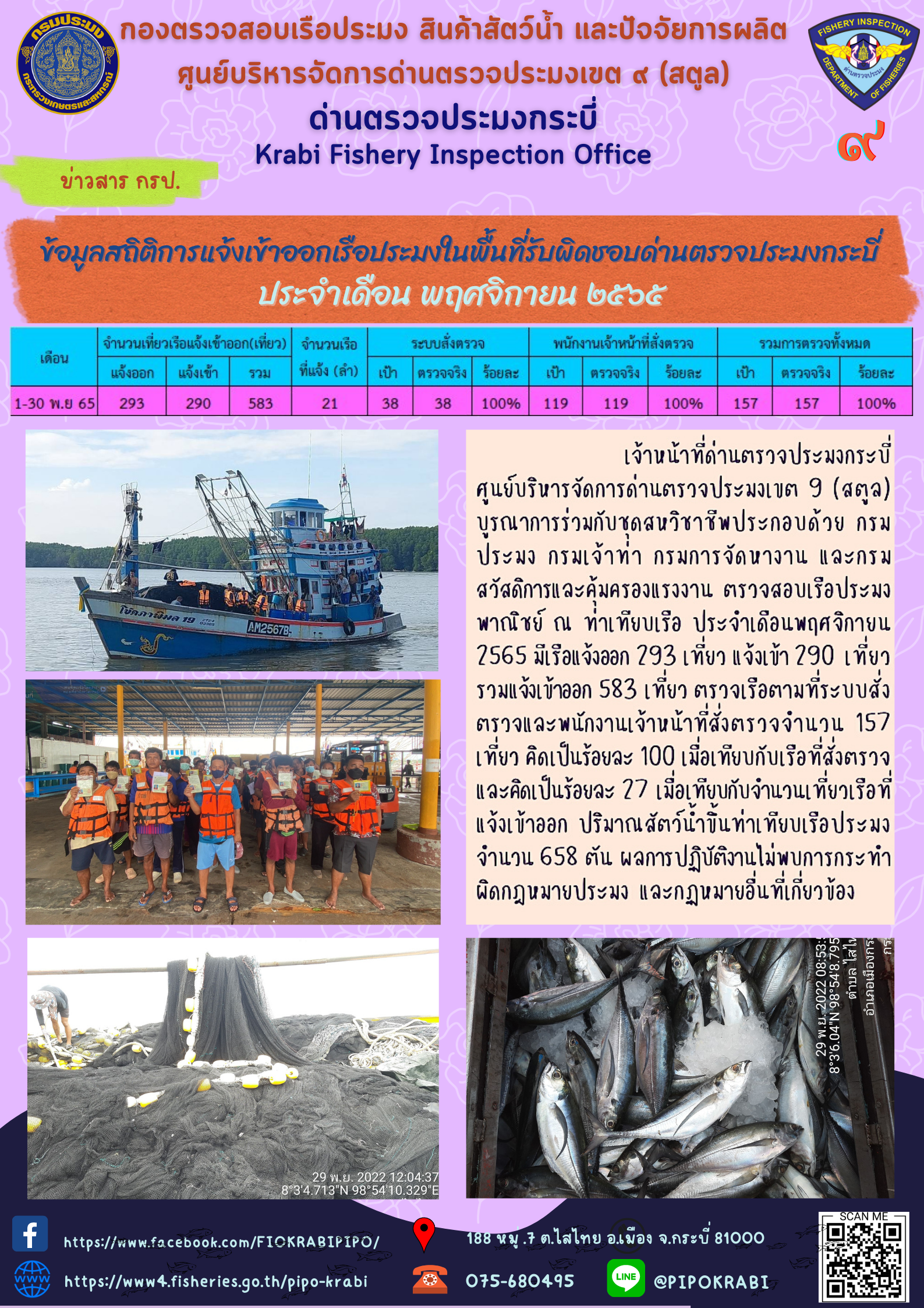 ประชาสัมพันธ์ข้อมูลสถิติการแจ้งเข้าออกเรือประมงในจังหวัดกระบี่ ประจำเดือน พฤศจิกายน 2565..คลิก
