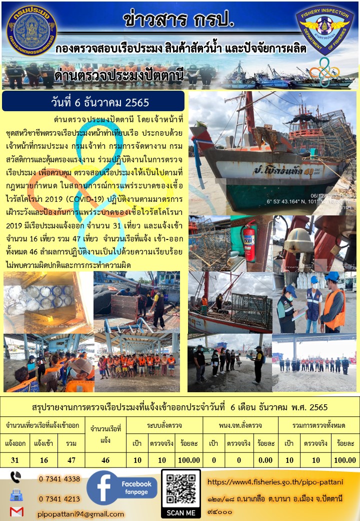 ข่าวสารการปฏิบัติงาน ด่านตรวจประมงปัตตานี 6 ธ.ค. 65..คลิก
