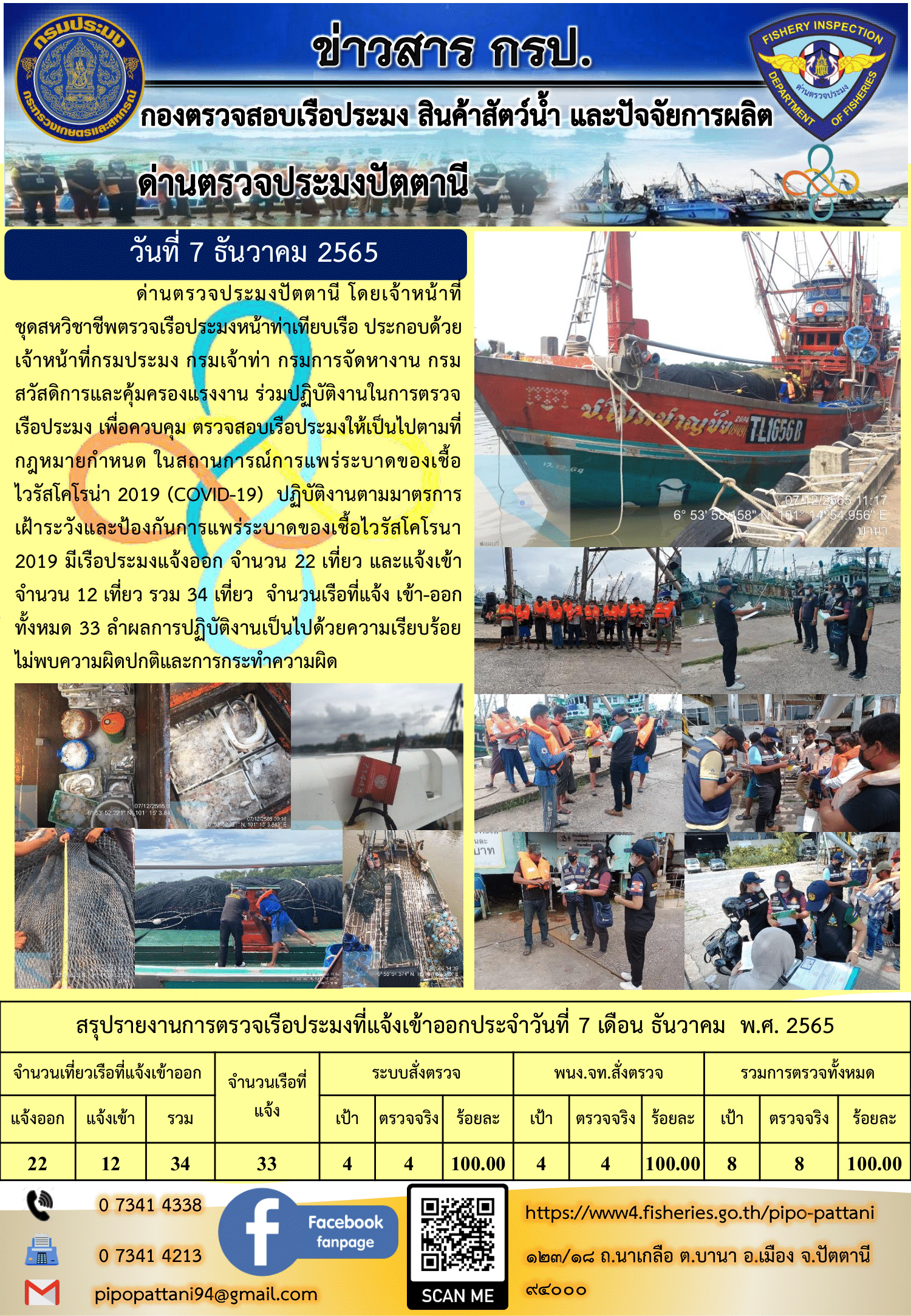 ข่าวสารการปฏิบัติงาน ด่านตรวจประมงปัตตานี 7 ธ.ค. 65..คลิก