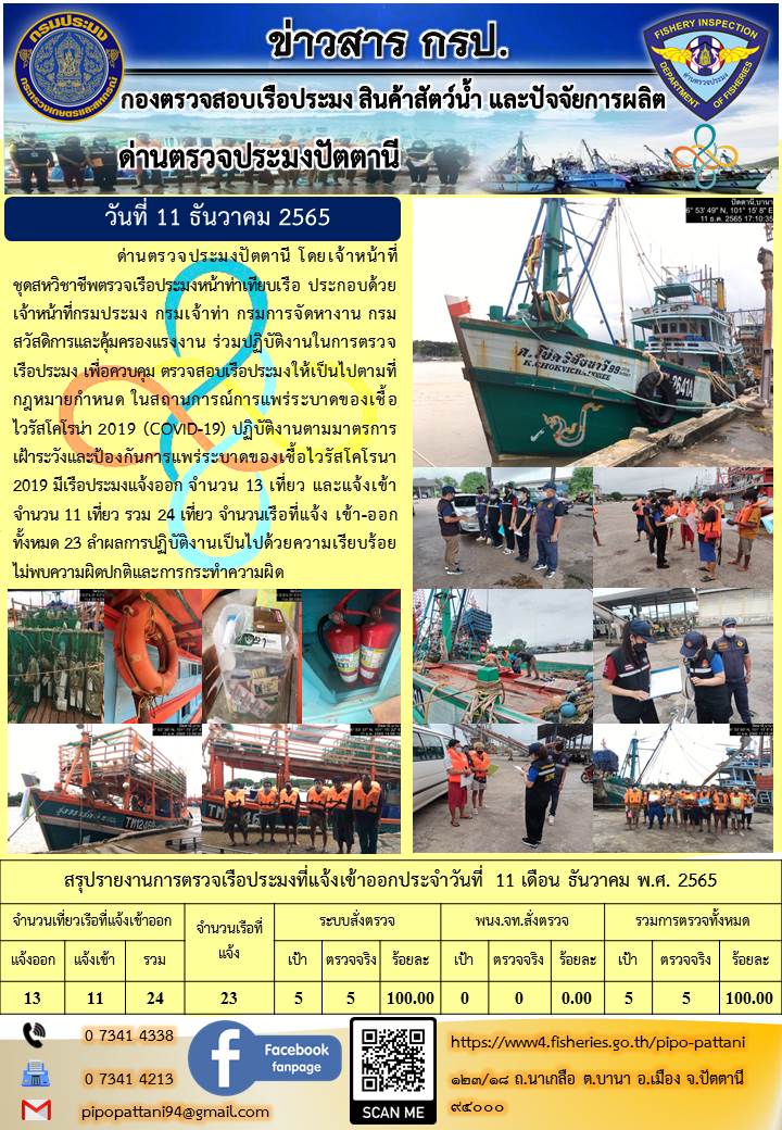 ข่าวสารการปฏิบัติงาน ด่านตรวจประมงปัตตานี 11 ธ.ค. 65..คลิก